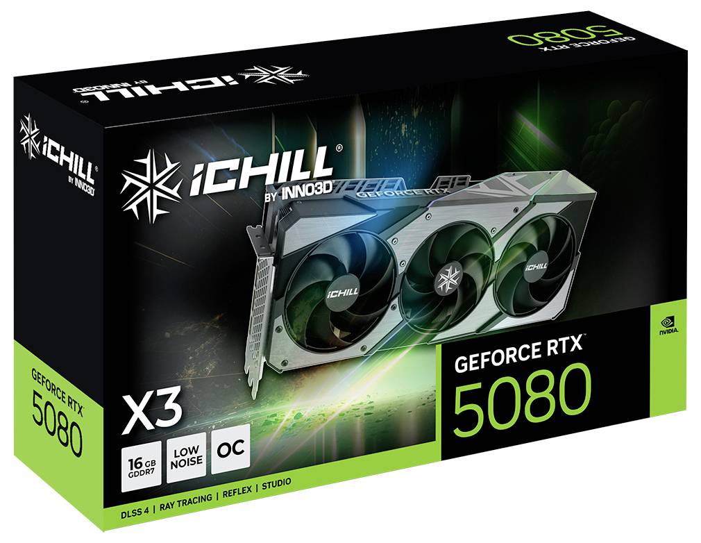 Krabice grafické karty 'iChill GeForce RTX 5080' se třemi chladicími ventilátory. Vlastnosti: DLSS 4, ray tracing, nízká hlučnost, přetaktovaná.