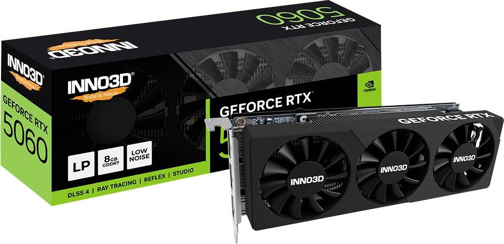 Grafická karta se třemi ventilátory vedle jejího obalu. Krabice zvýrazňuje 'INNO3D', 'GEFORCE RTX 5060' a klíčové vlastnosti jako 'DLSS 4', 'Ray Tracing' a '8GB'.