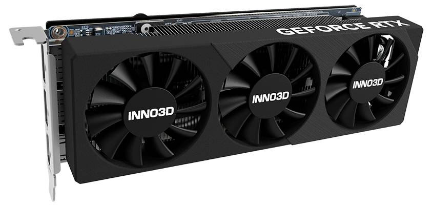 Černá grafická karta se třemi chladicími ventilátory, označená 'INNO3D GEFORCE RTX'.