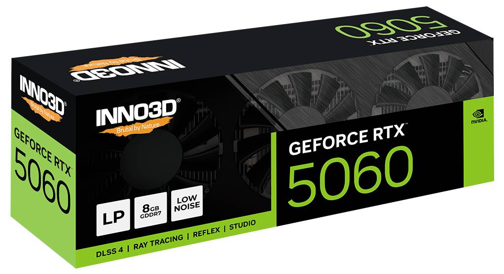 Černá a zelená krabice grafické karty označená jako 'INNO3D GeForce RTX 5060 LP' obsahuje specifikace jako 8GB GDDR 6, DLSS 4, Ray Tracing a nízkou hlučnost.