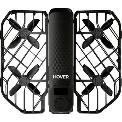 Kompaktní černá dronová jednotka s designem ochranné mřížky, označená štítkem 'Hover', vybavená čtyřmi vrtulemi a centrální kamerou nebo senzorem.