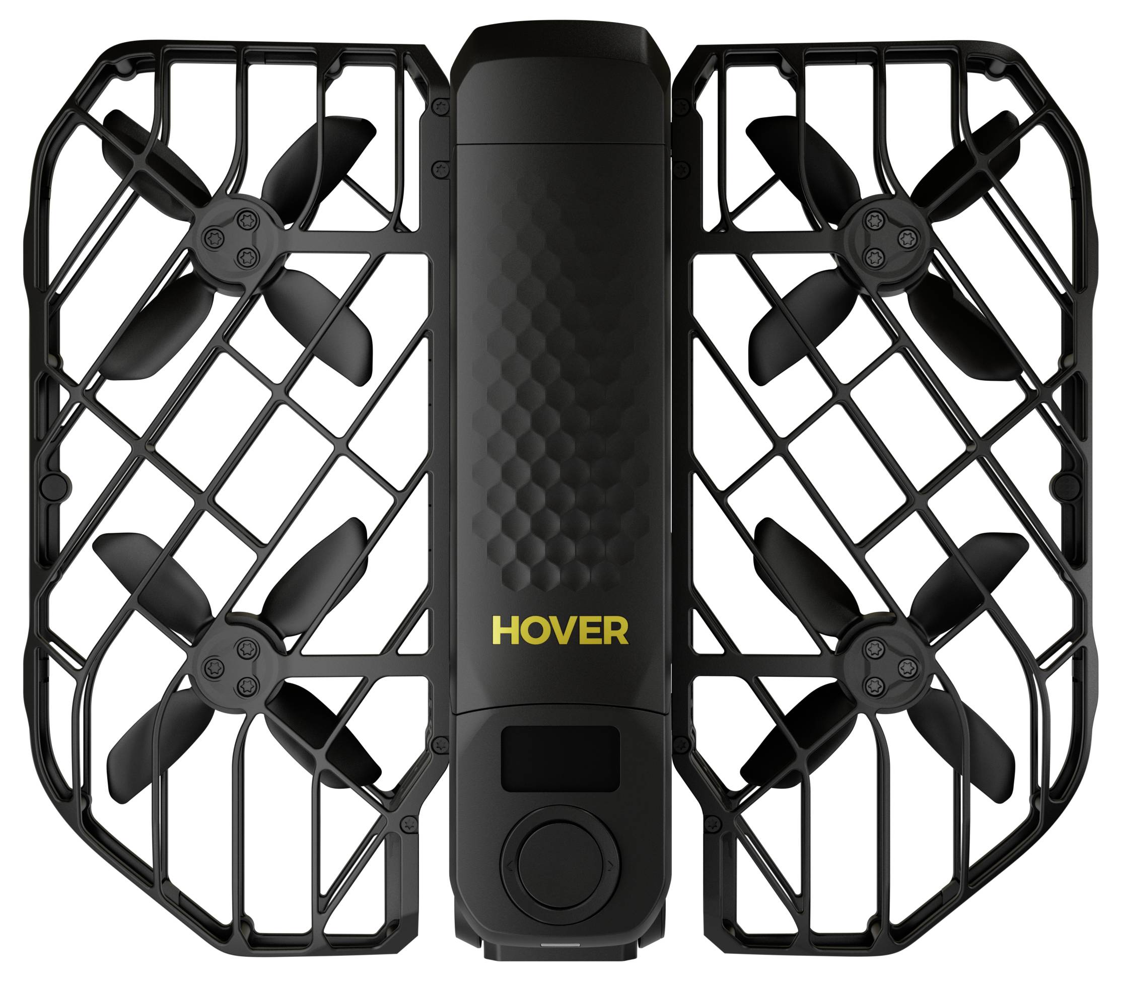 Kompaktní, obdélníkový dron se čtyřmi vrtulemi uzavřenými v ochranných krytech a slovem 'HOVER' vytištěným žlutou barvou na jeho těle.