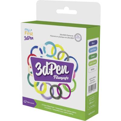 Krabice '3dPen Filamentů' s barevnými smyčkami na přední straně, obsahující 25m/82ft válečky v pěti barvách: modrá, světle modrá, zelená, světle zelená a bílá.