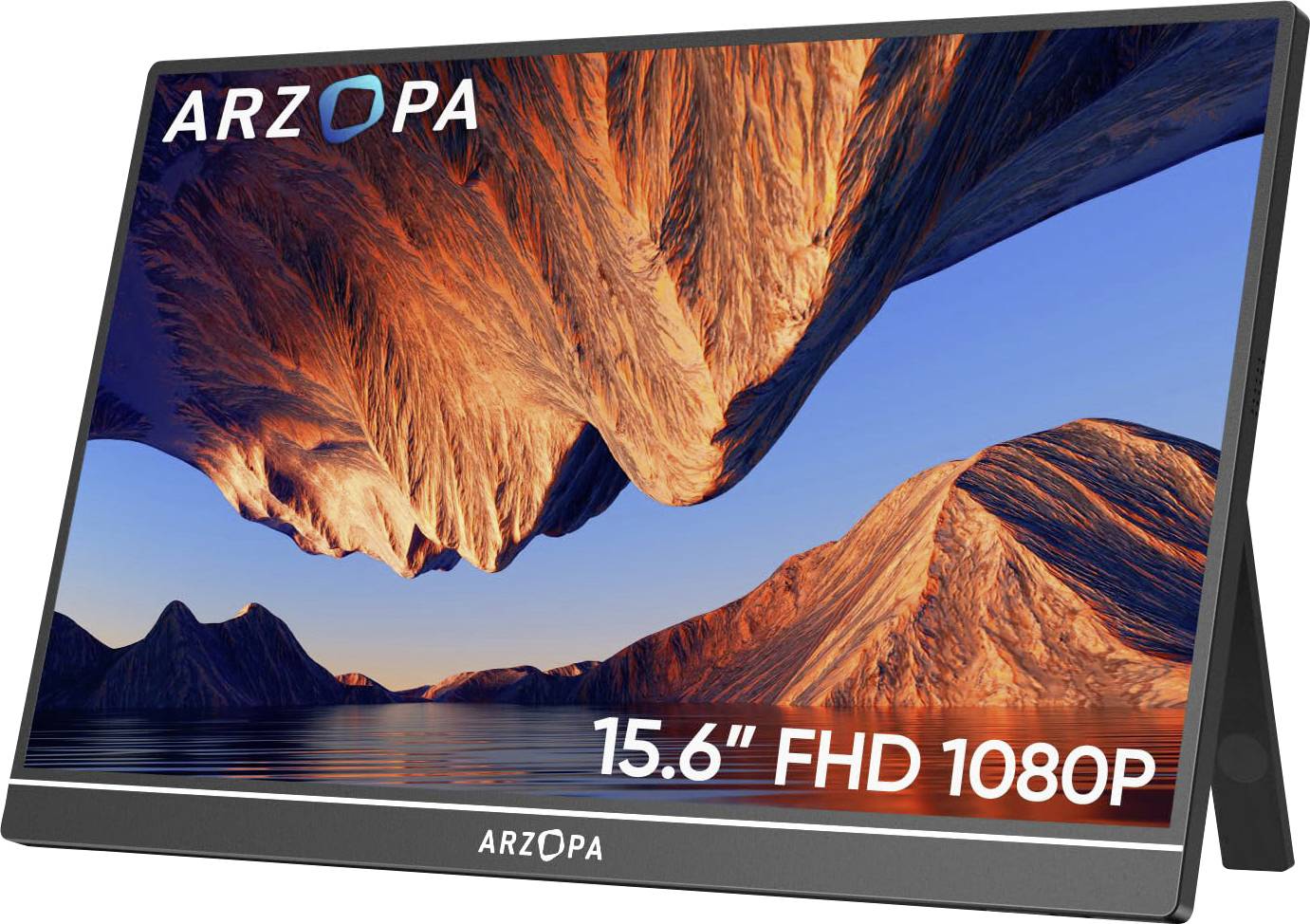 Přenosný monitor zobrazující scenickou, živou krajinu skalnatých hor s oranžovým nádechem proti modré obloze. Text uvádí '15,6" FHD 1080P'.