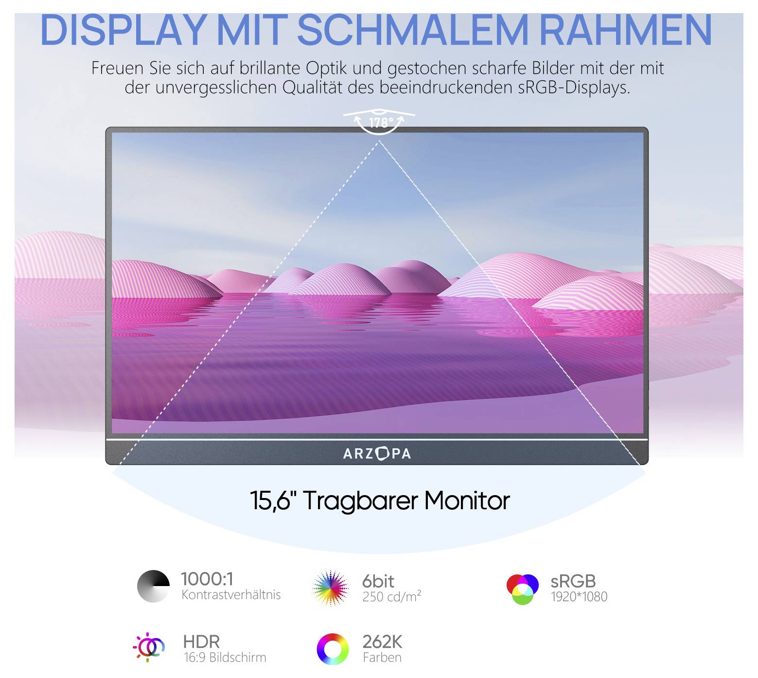 Přenosný 15,6" monitor s úzkými rámečky, kontrastním poměrem 1000:1, 6bitovou barevnou hloubkou a rozlišením sRGB 1920x1080 pro ostré obrázky.