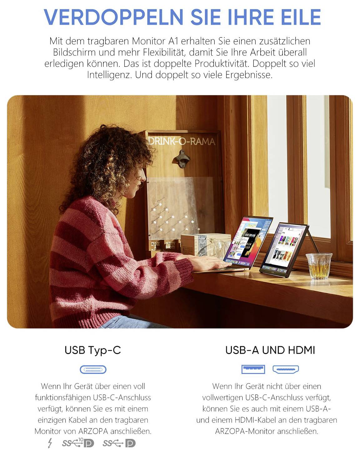 Osoba používá monitor ARZOPA s laptopem v kavárně, což ilustruje flexibilitu duálního displeje. Monitor disponuje konektory USB Type-C, USB-A a HDMI.