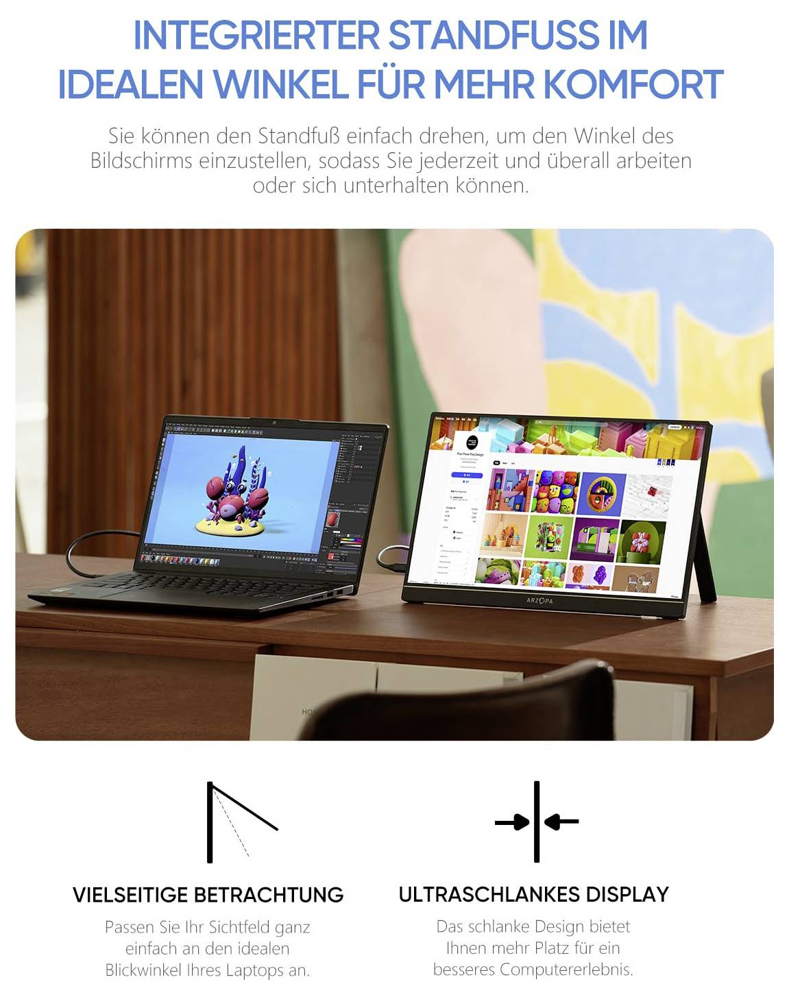 Laptopy na stole s obrazovkami zobrazujícími software pro grafický design a rozhraní aplikace. Text zvýrazňuje nastavitelný stojan a štíhlý design.