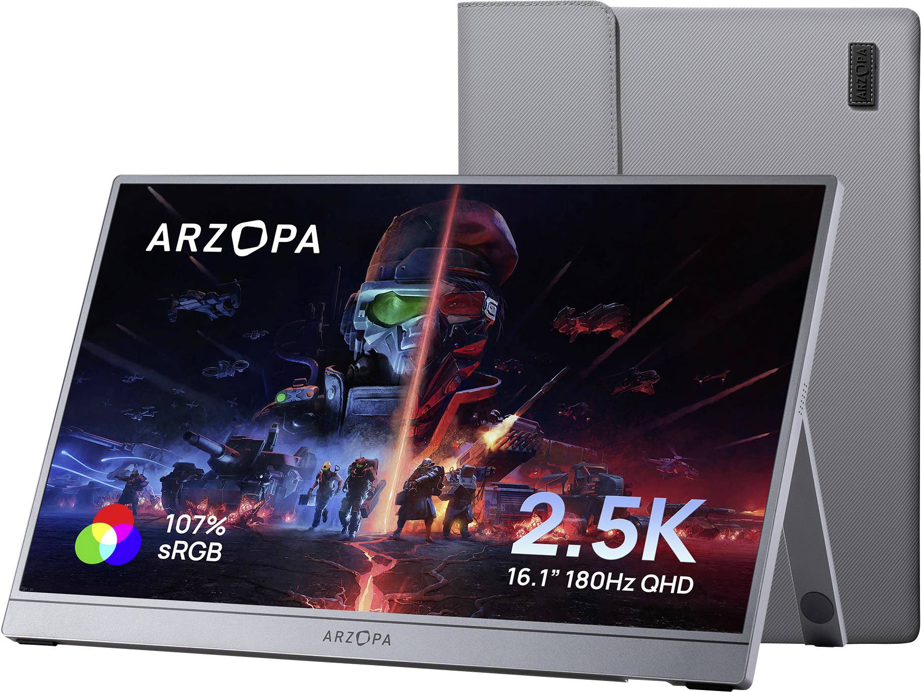 Přenosný monitor 'ARZOPA' s 16,1palcovým displejem 2,5K QHD, obnovovací frekvencí 180 Hz, barevným gamoutem sRGB 107 % a zobrazenou sci-fi grafikou.