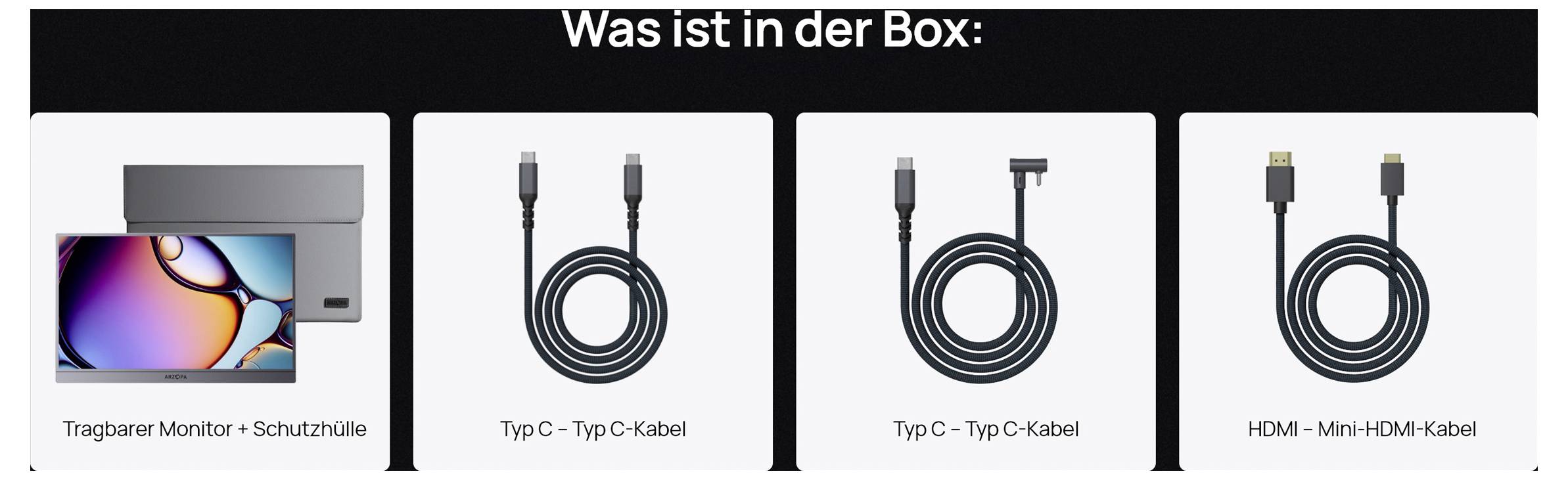 Co je v krabici: obsahuje přenosný monitor s ochranným pouzdrem, kabel USB Type-C na Type-C, kabel Type-C na Type-C a kabel HDMI na Mini-HDMI.
