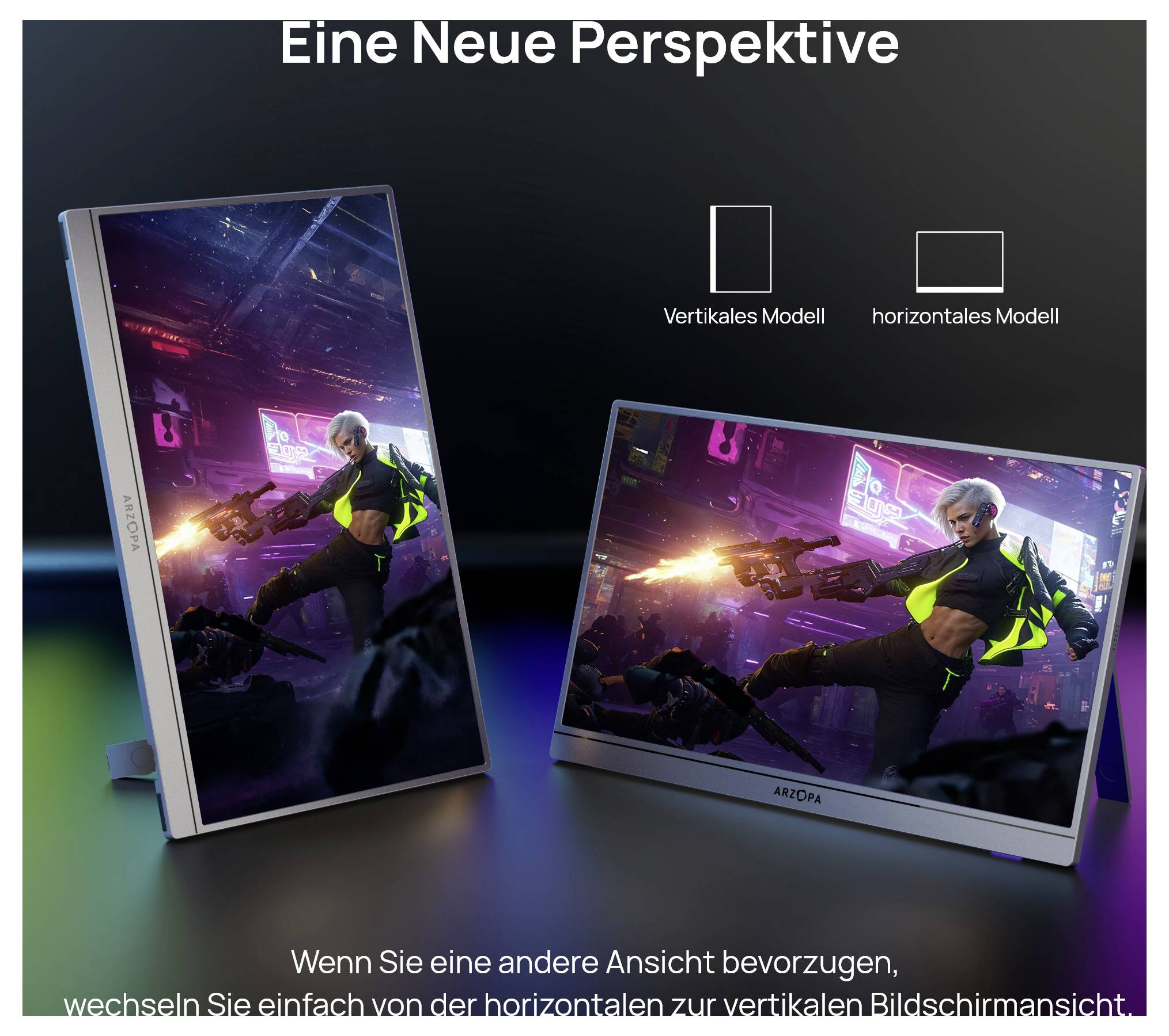 Dva monitory zobrazující sci-fi herní scénu s postavou držící zbraně. Jeden monitor je na výšku, druhý na šířku. Text říká 'Eine Neue Perspektive'.