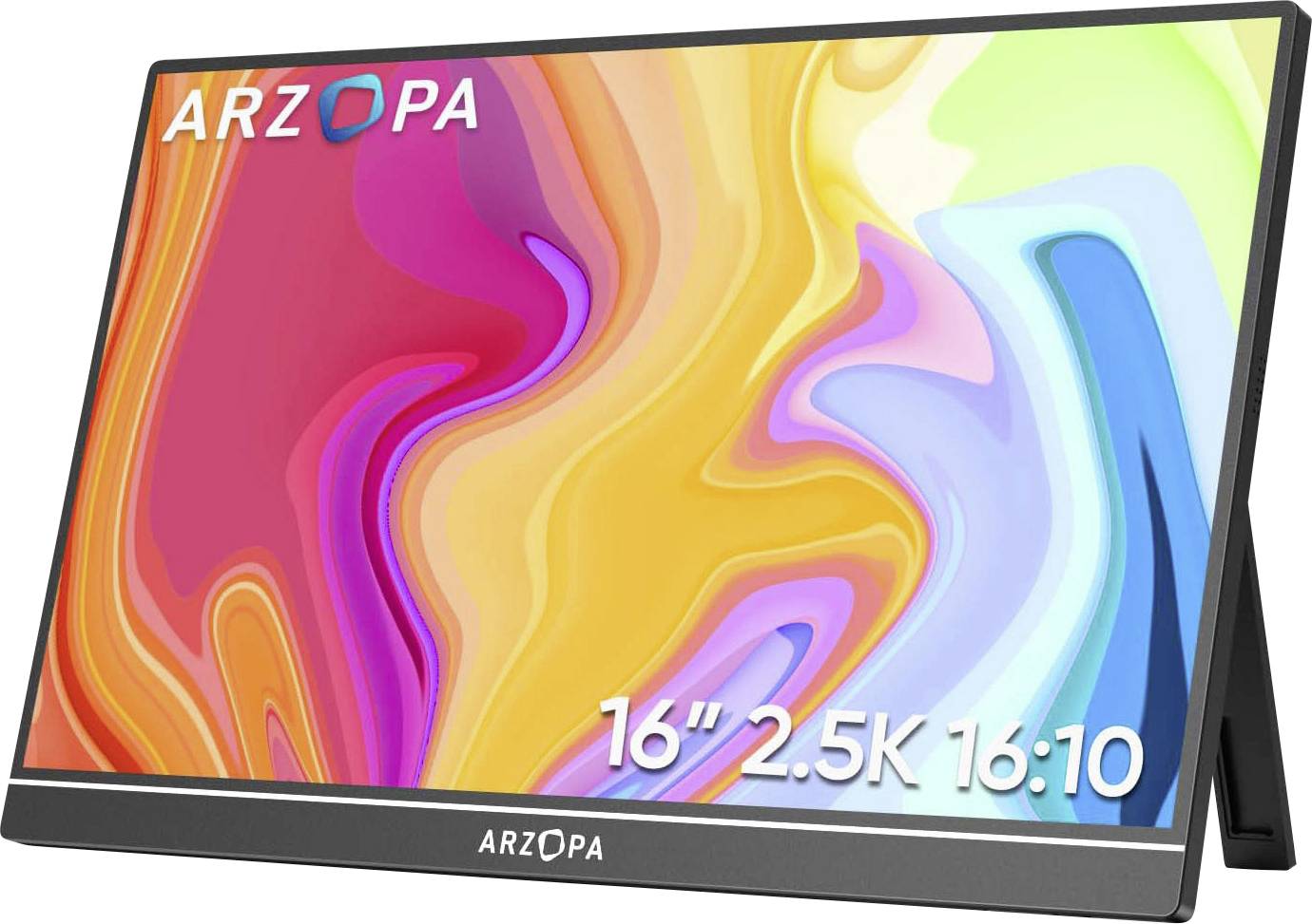 Přenosný monitor zobrazující živé abstraktní barvy s logem 'ARZOPA'. Text uvádí '16" 2.5K 16:10', což označuje specifikace displeje.