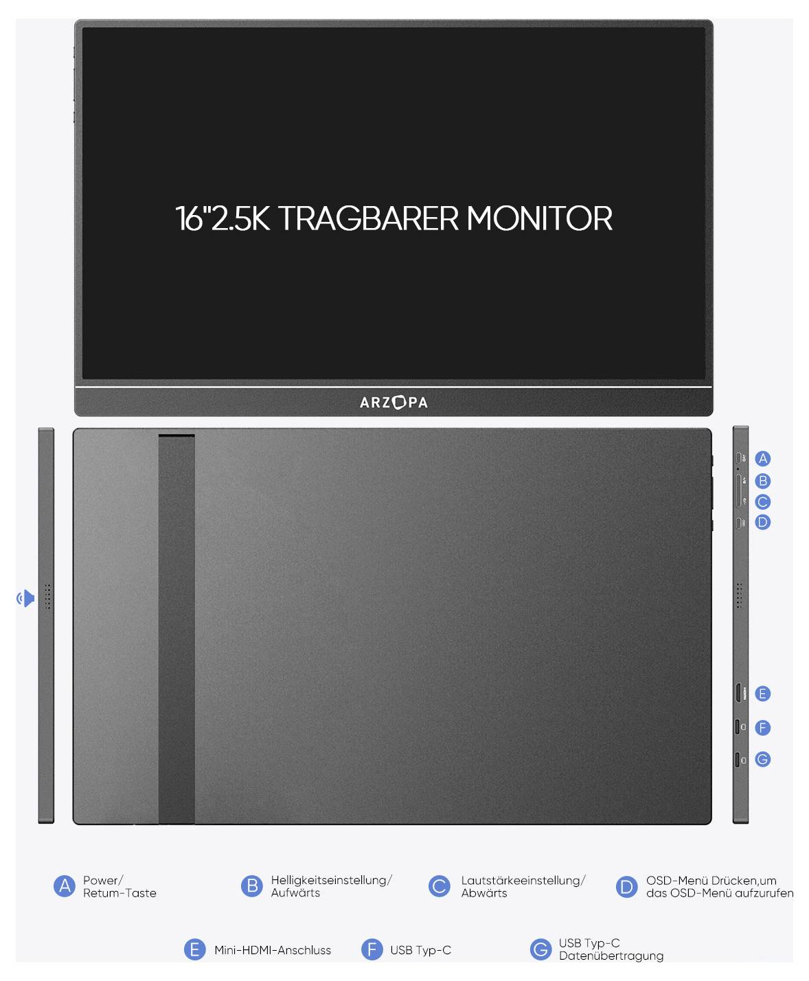 16" 2,5K Přenosný monitor. Obrázek ukazuje přední stranu monitoru s logem, boční pohled s tlačítky a funkce včetně HDMI a USB portů.