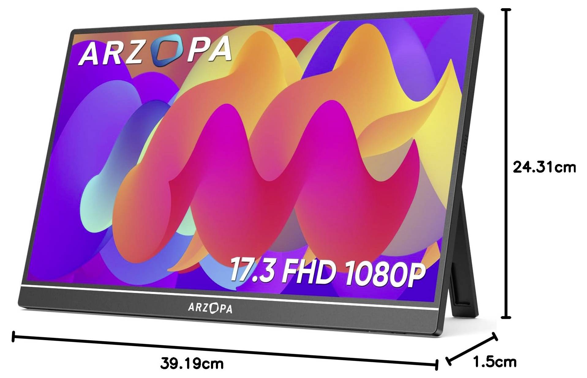 Přenosný monitor s barevnou obrazovkou zobrazující abstraktní tvary, označený štítkem 'ARZOPA' a '17.3 FHD 1080P', s rozměry 39,19 cm x 24,31 cm x 1,5 cm.