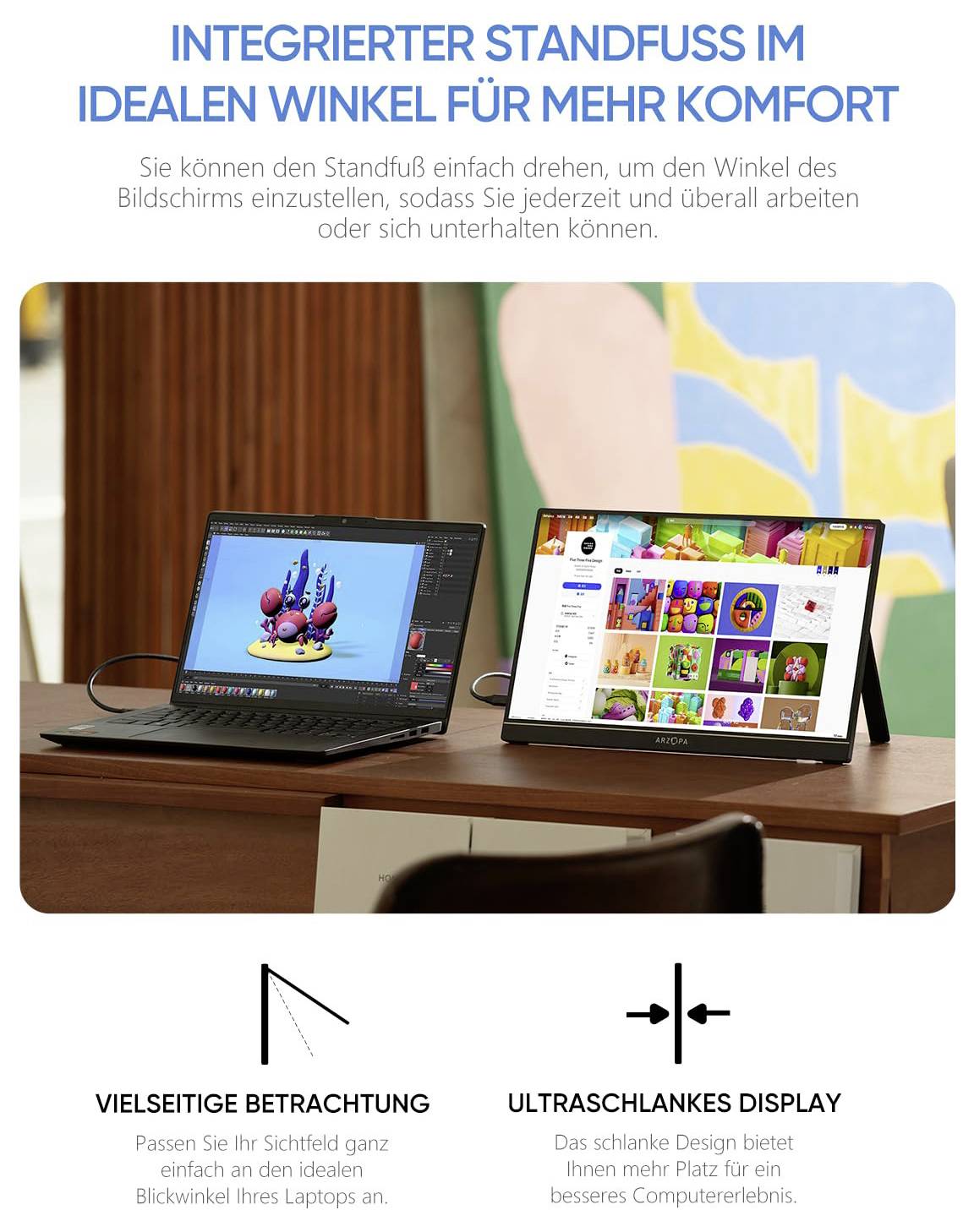 Dva laptopy na dřevěném stole zobrazující návrhový software a barevnou aplikaci, s textem o nastavitelném stojanu a úhlech pohledu.