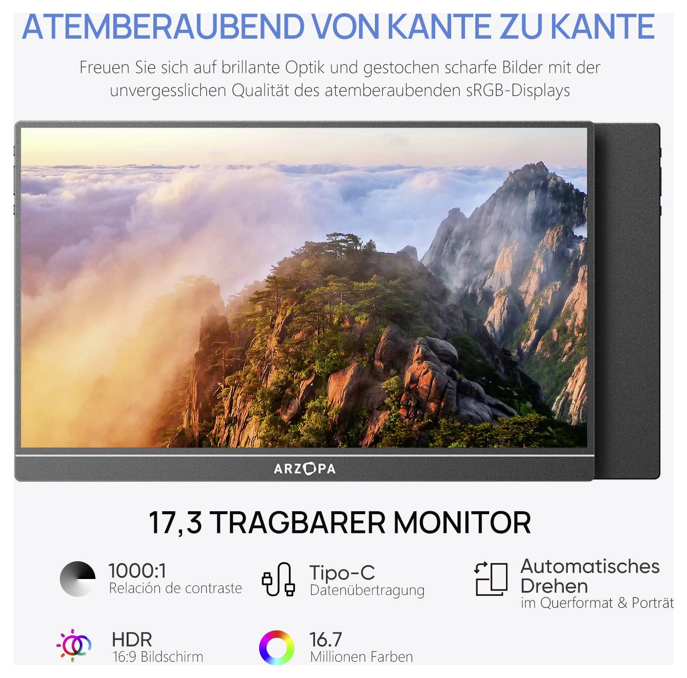 Přenosný monitor s displejem sRGB, 17,3 palce, s podporou HDR, rozlišením 1080p, živými barvami, konektorem USB-C a schopností automatické rotace.
