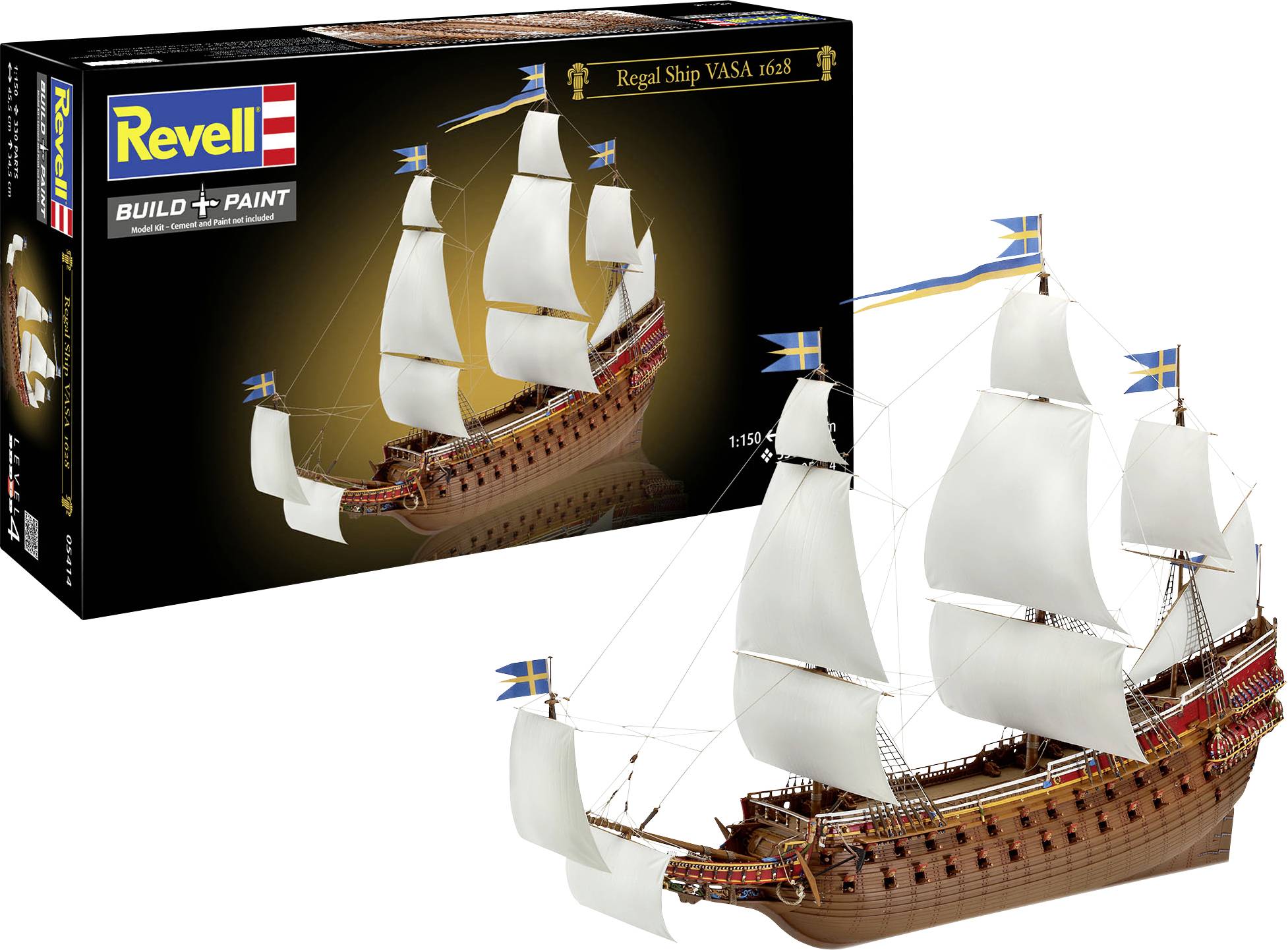 Model kit box zobrazující 'Royal Ship VASA 1628' od firmy Revell, zachycující detailní plachetnici s bílými plachtami a modrými vlajkami.