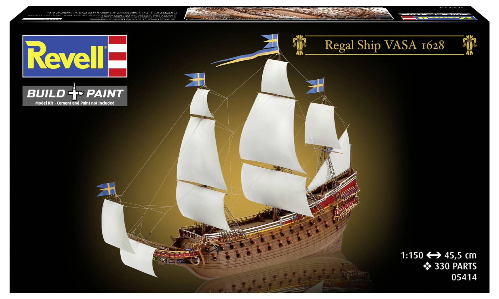 Model lodi Revell Regal VASA 1628, měřítko 1:150, 330 dílů, obal s vyobrazením lodi s bílými plachtami a švédskými vlajkami.