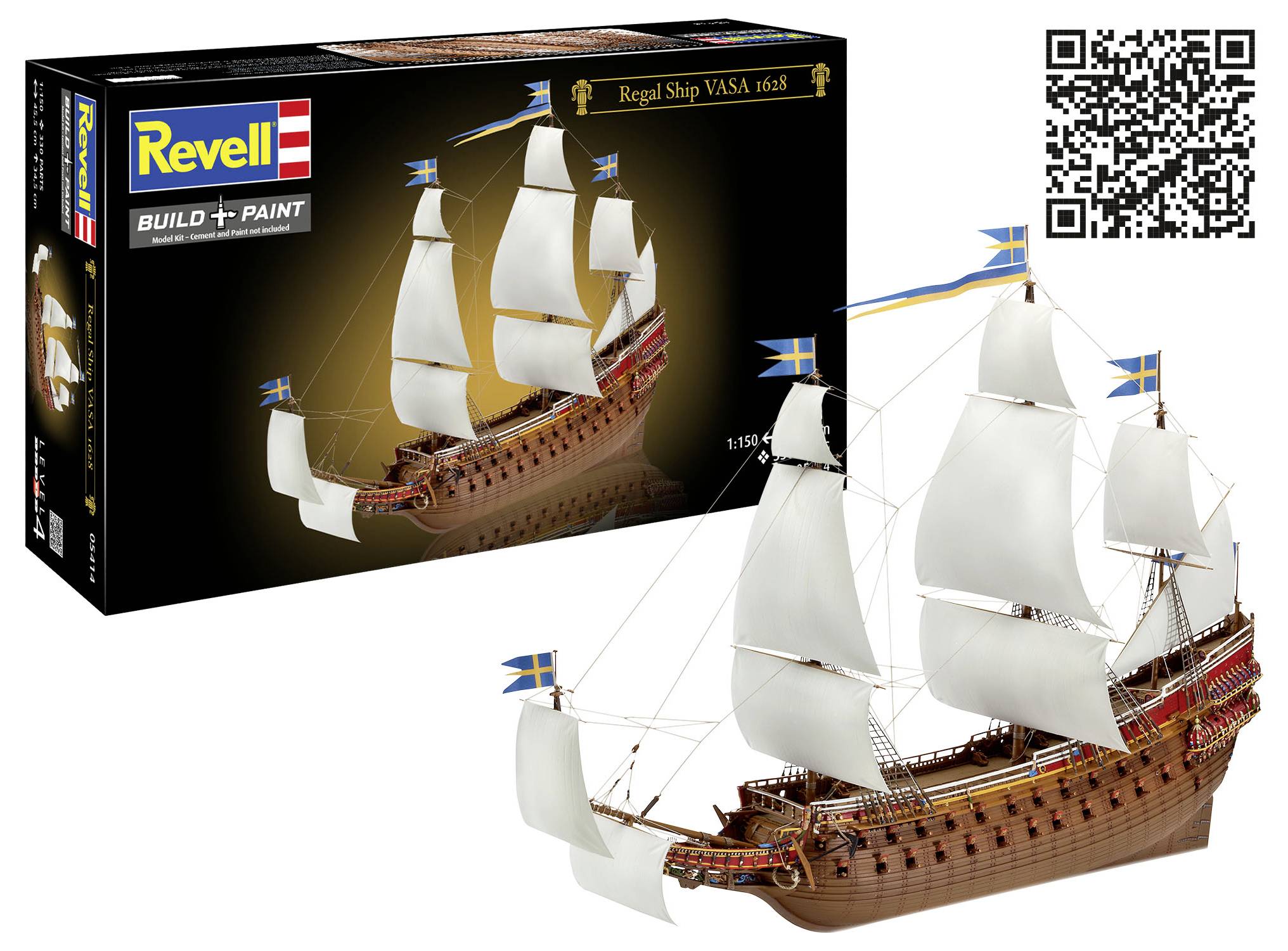 Souprava modelu lodě 'Revell Build + Paint' zobrazující Královskou loď VASA z roku 1638 s ilustrací detailního modelu lodě a zahrnutým QR kódem.