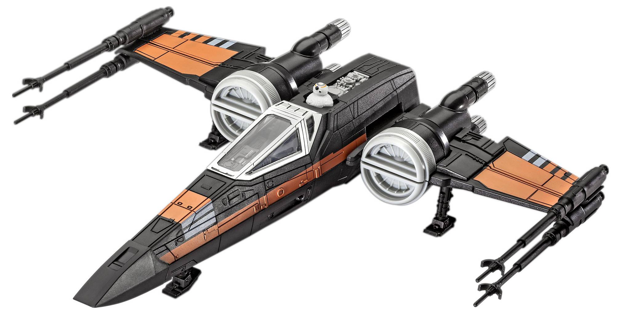 Model hračky vesmírné lodi v černé a oranžové barvě, připomínající stíhačku X-Wing, s pohyblivými křídly a malou figurkou v kokpitu.
