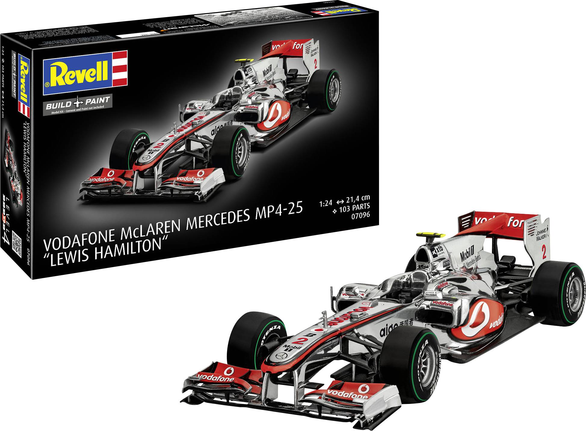 Model auta Formule 1 Vodafone McLaren Mercedes MP4-25 od společnosti Revell, který řídil Lewis Hamilton. Obsahuje podrobné stavební pokyny.