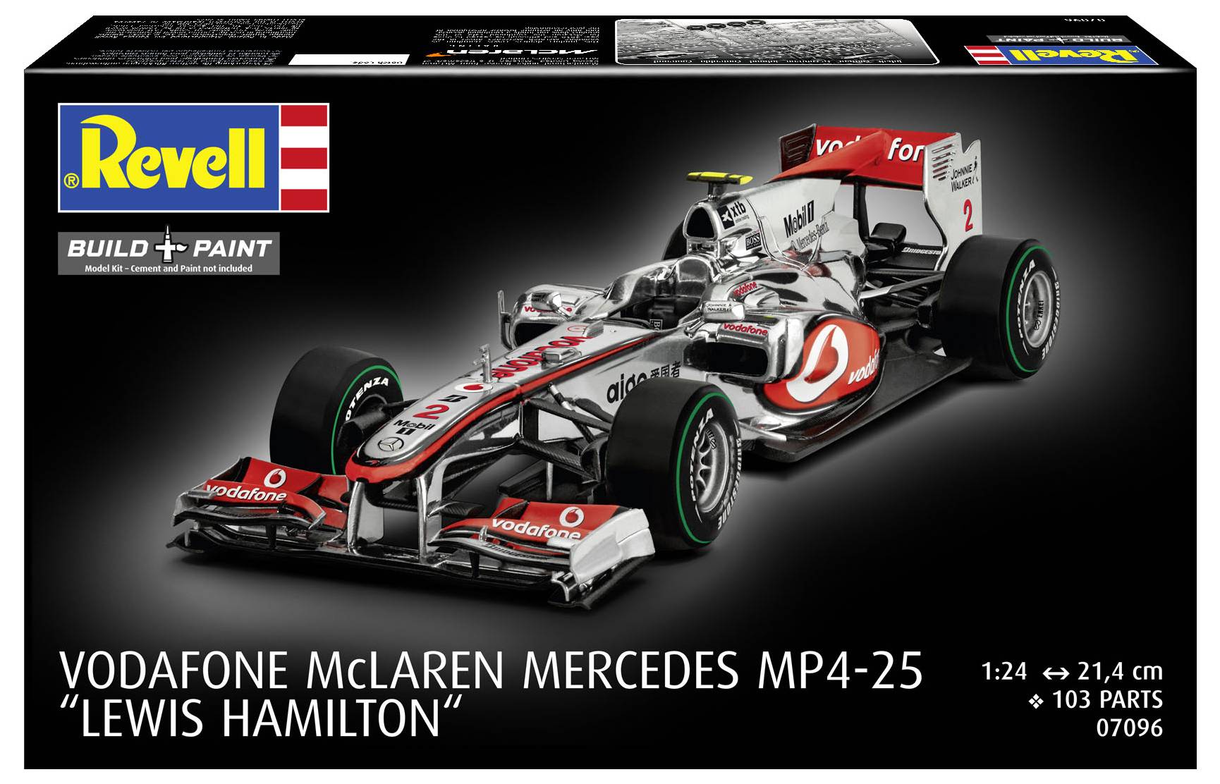 Modelářská sada Revell zobrazuje box vozu Vodafone McLaren Mercedes MP4-25 "Lewis Hamilton" F1 s reklamním designem a detaily vozu; 103 dílů.