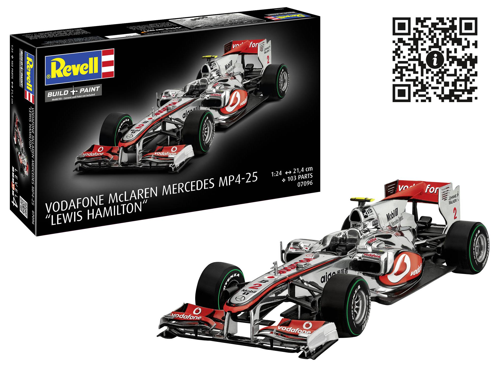 Model auta Vodafone McLaren Mercedes MP4-25 od firmy Revell, zobrazující design a balení, s QR kódem.
