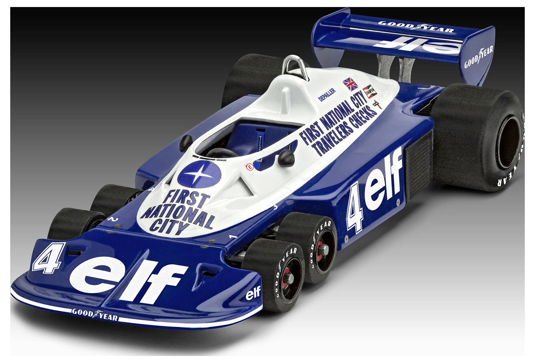 Klasický vůz Formule 1, modro-bílé barvy s logy 'elf' a 'First National City', vyznačující se charakteristickým šestikolo­vým designem.