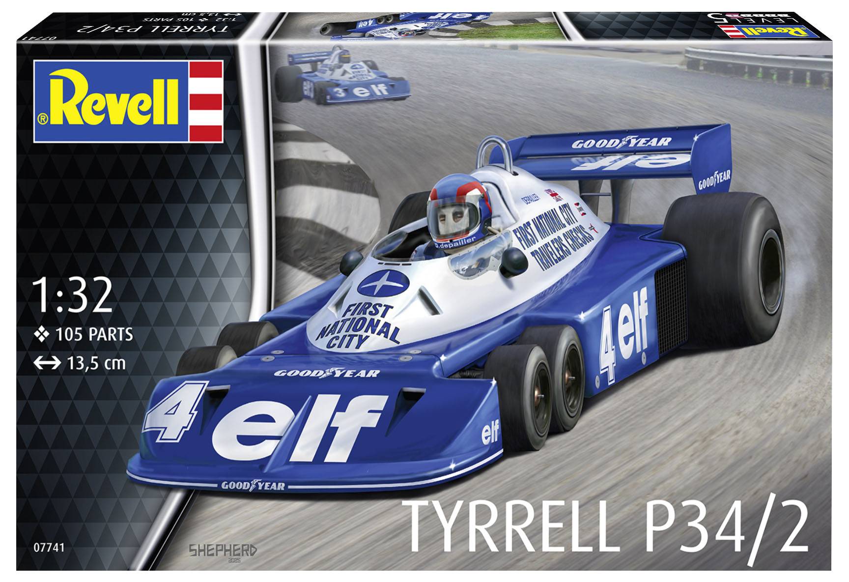 Krabice modelu 'Revell' zobrazující vůz Tyrrell P34/2 Formule 1 na závodní trati, s logy 'GOODYEAR' a 'FIRST NATIONAL CITY'.