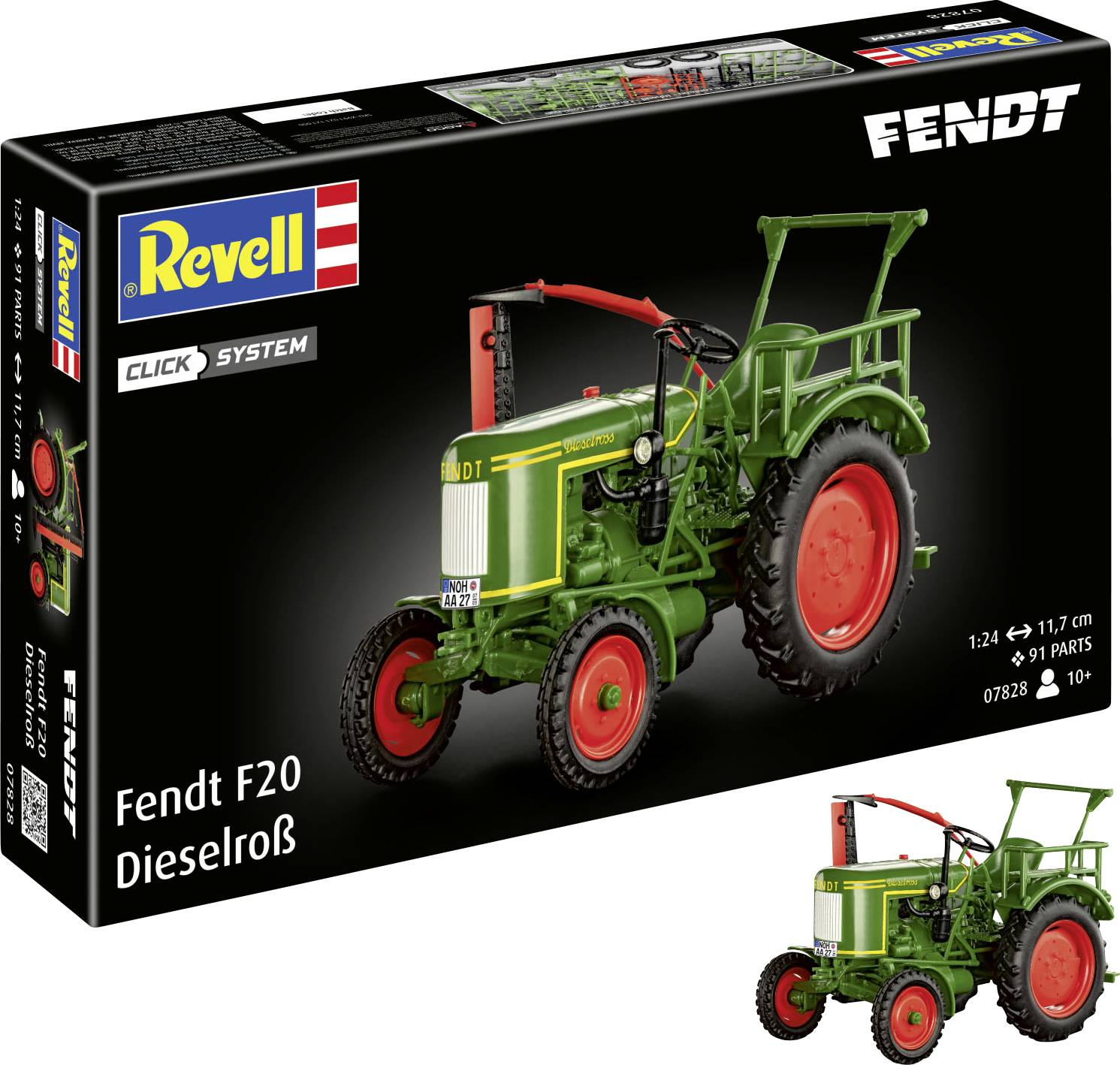 Obal modelářské sady 'Revell Fendt F20 Dieselross' zobrazuje zelený traktor s červenými akcenty. Sada obsahuje 91 dílů a je vhodná pro děti od 10 let.