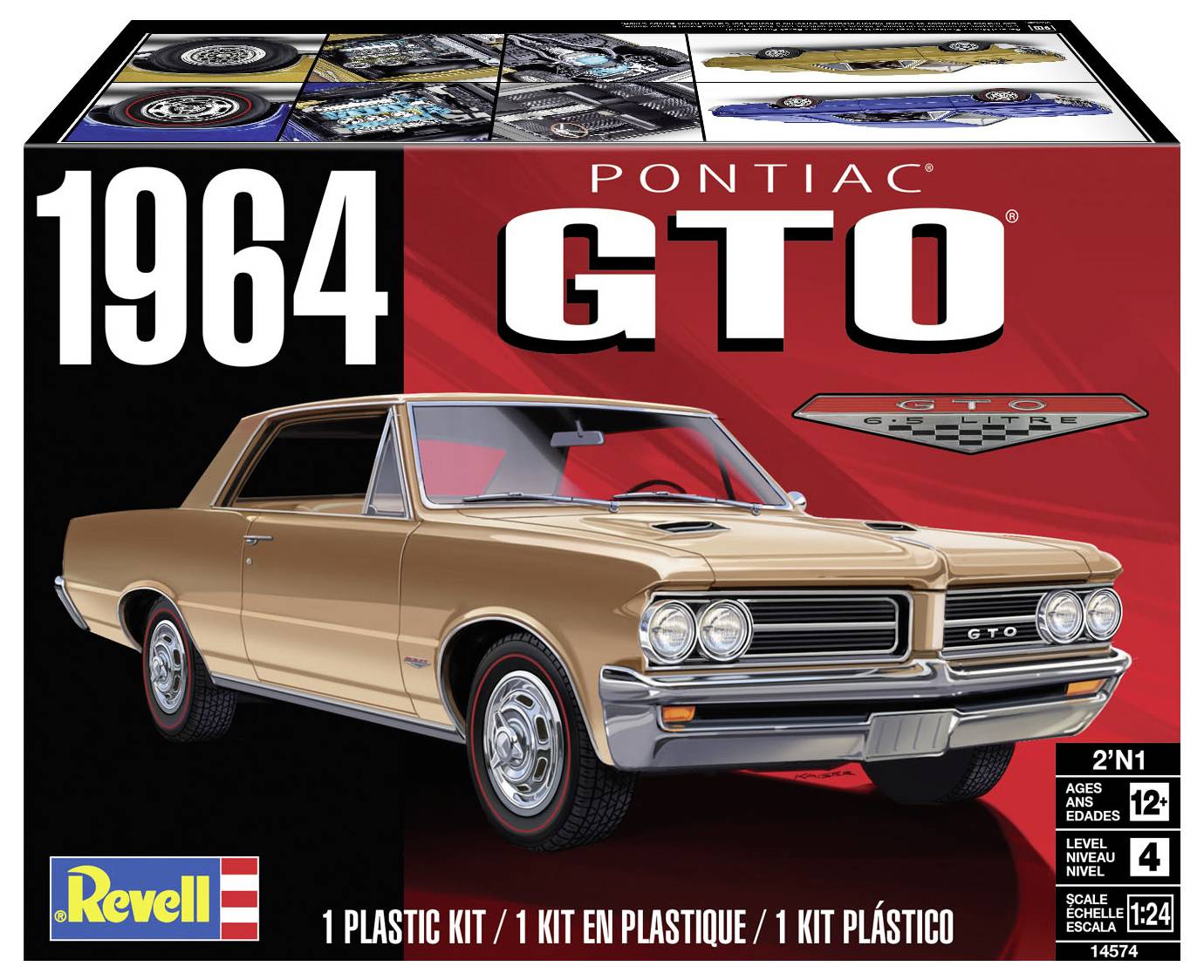 Obrázek ukazuje plastový model auta Pontiac GTO z roku 1964 od firmy Revell, který zobrazuje ilustracihnědého vozu GTO a obsahuje informace určující věkovou kategorii 12+.