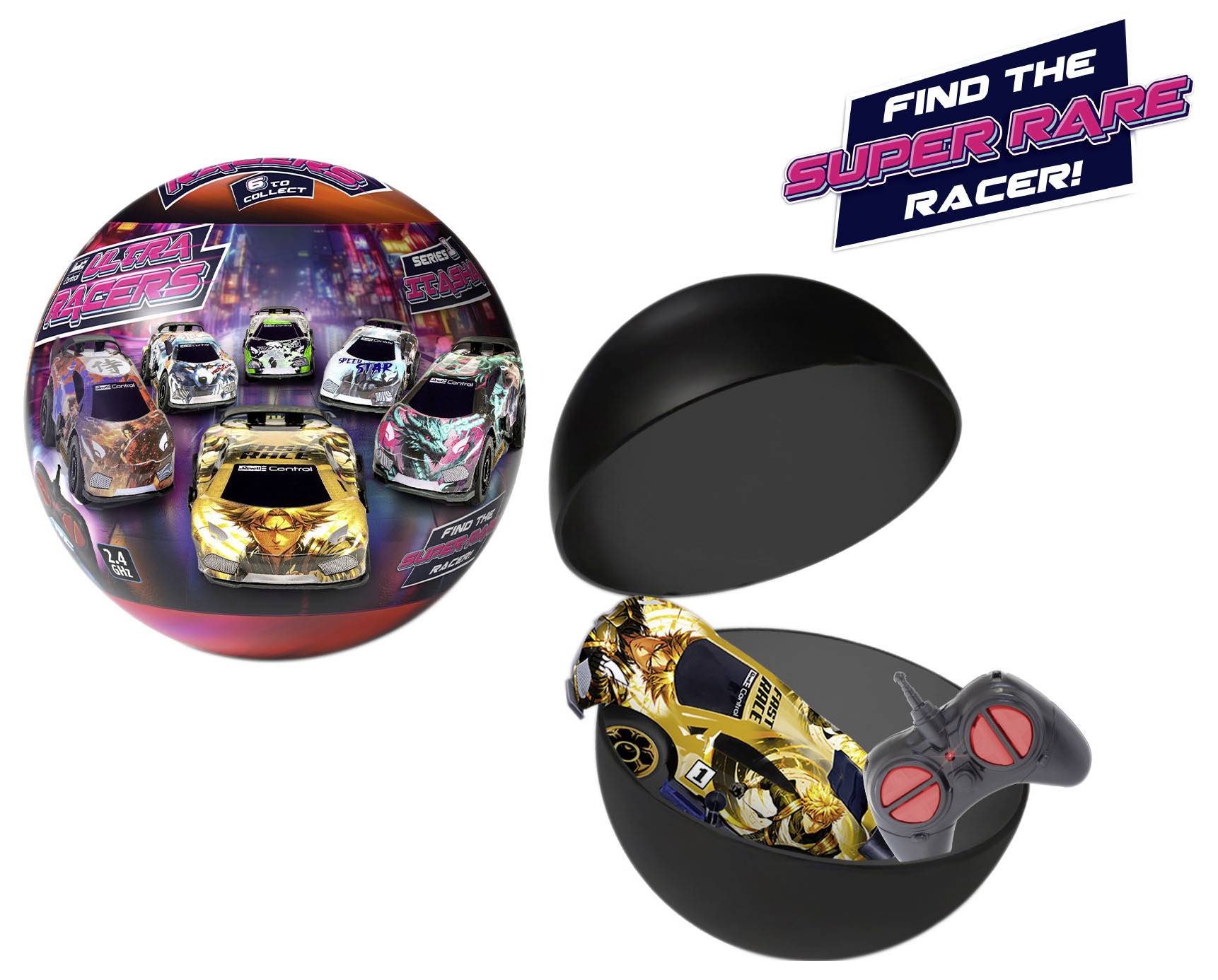 Sada hraček 'Tear Racers' obsahující barevné závodní autíčka a ovladač v kulaté černé nádobě. Text hlásá 'Najdi Super Vzácného Závodníka!'.