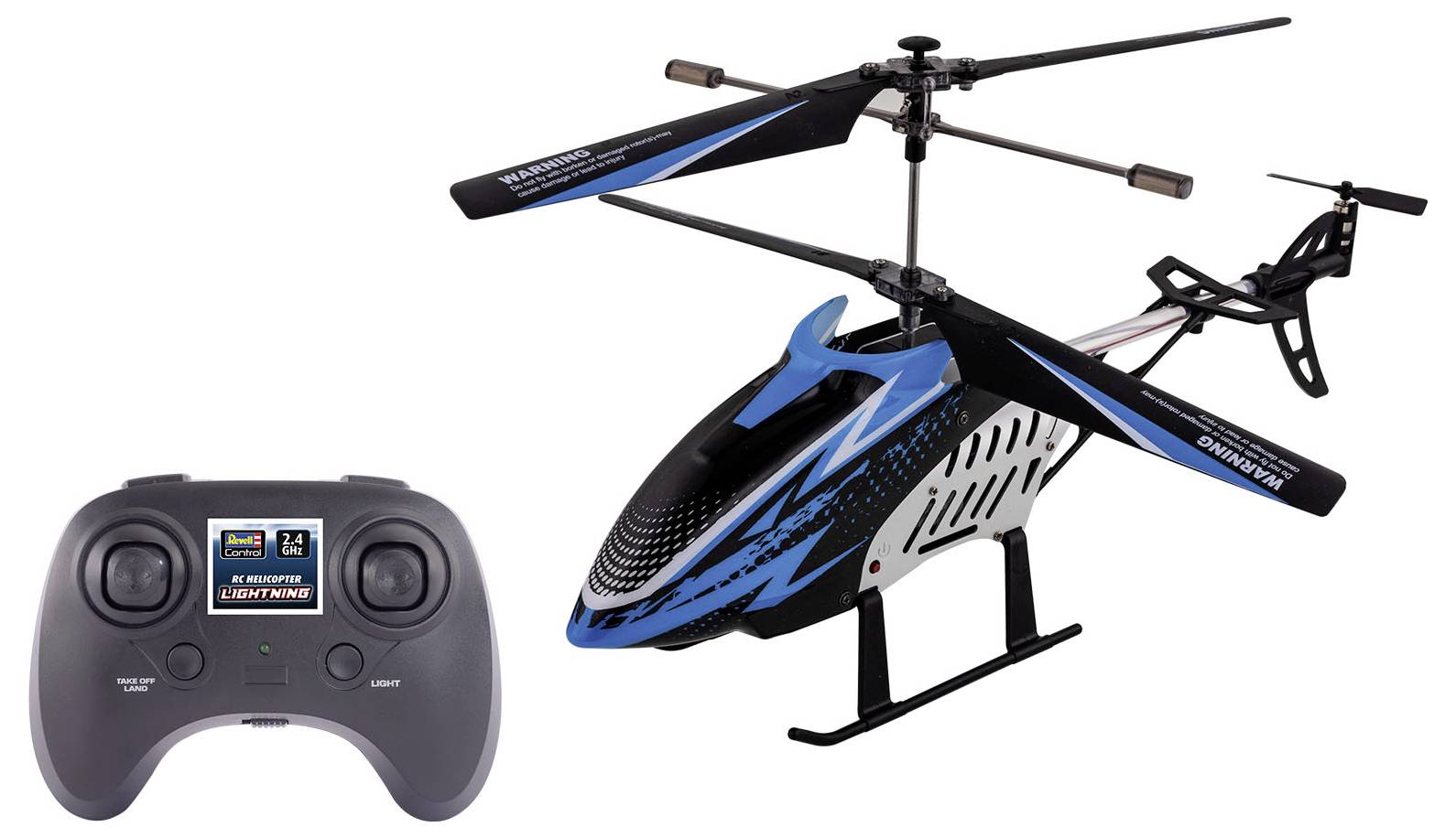 Malá modro-černá dálkově ovládaná helikoptéra s odpovídajícím černomodrým ovladačem, která předvádí svůj design a barevné provedení.