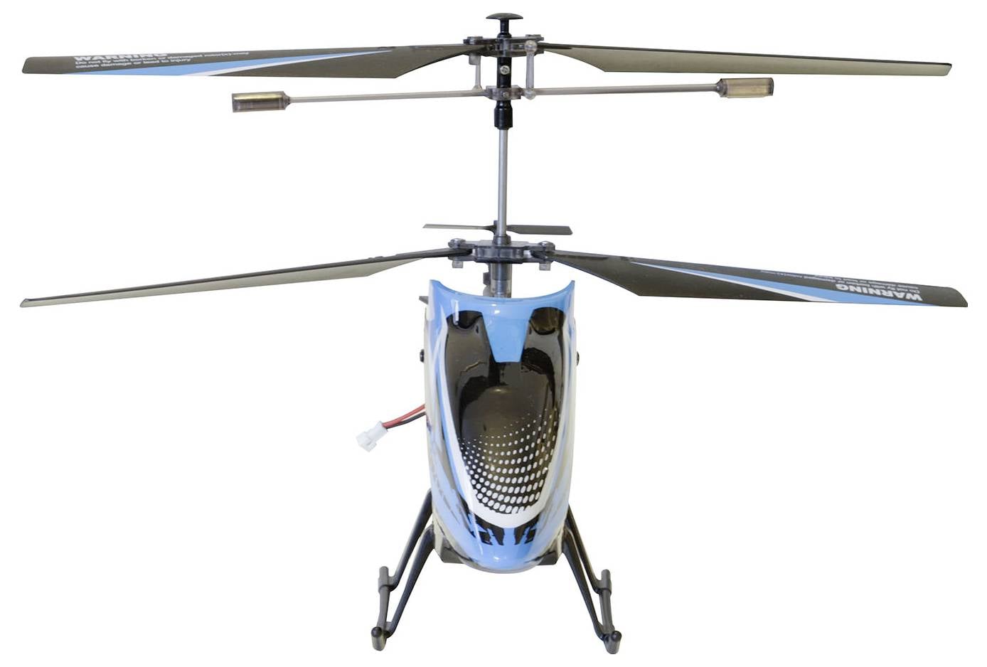 Modrá dálkově ovládaná helikoptéra se dvěma sadami rotorů je zobrazena ve vzpřímené poloze, s viditelnými přistávacími lyžemi u základny.