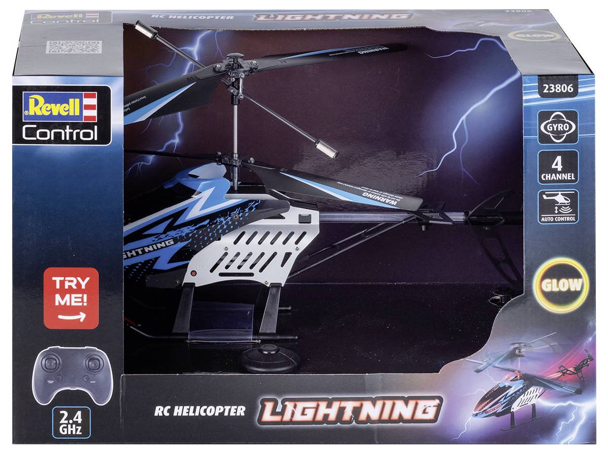 RC vrtulník 'Lightning' v krabici s ovládacími funkcemi, gyroskopem, 4 kanály a světelným efektem. Obal zobrazuje grafiku blesku.