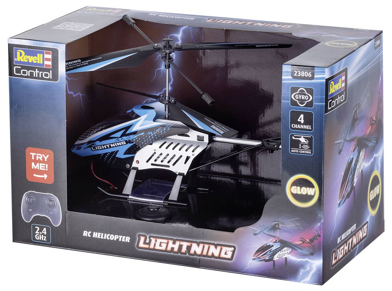 Krabice modelu RC vrtulníku Revell Control s názvem 'Lightning', s modro-černým designem a zobrazenými funkcemi dálkového ovládání.
