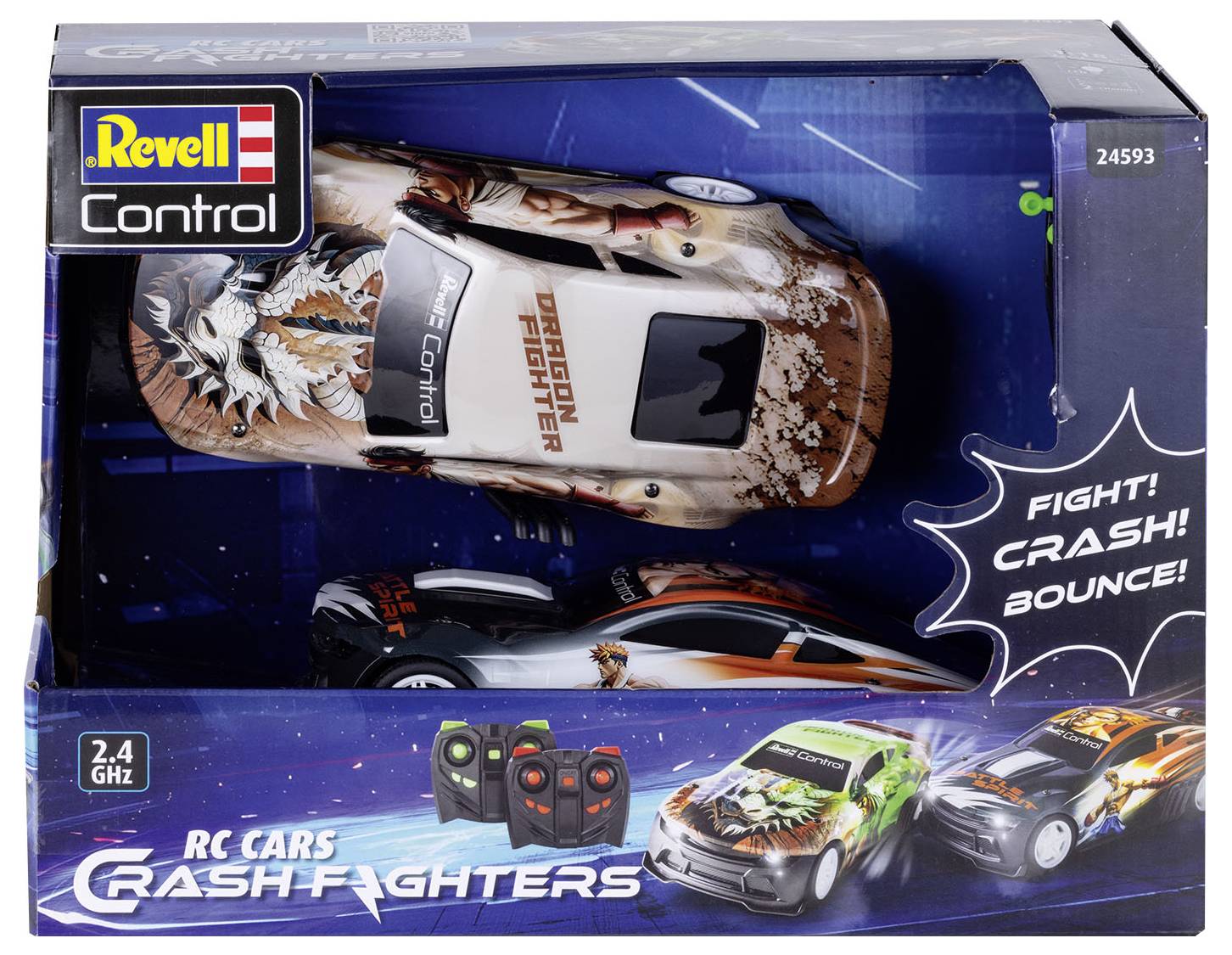 Obal hraček Revell Control RC Cars Crash Fighters ukazující dálkově ovládané automobily s reklamním sloganem "Bojuj! Náraz! Odraz!" na krabici.