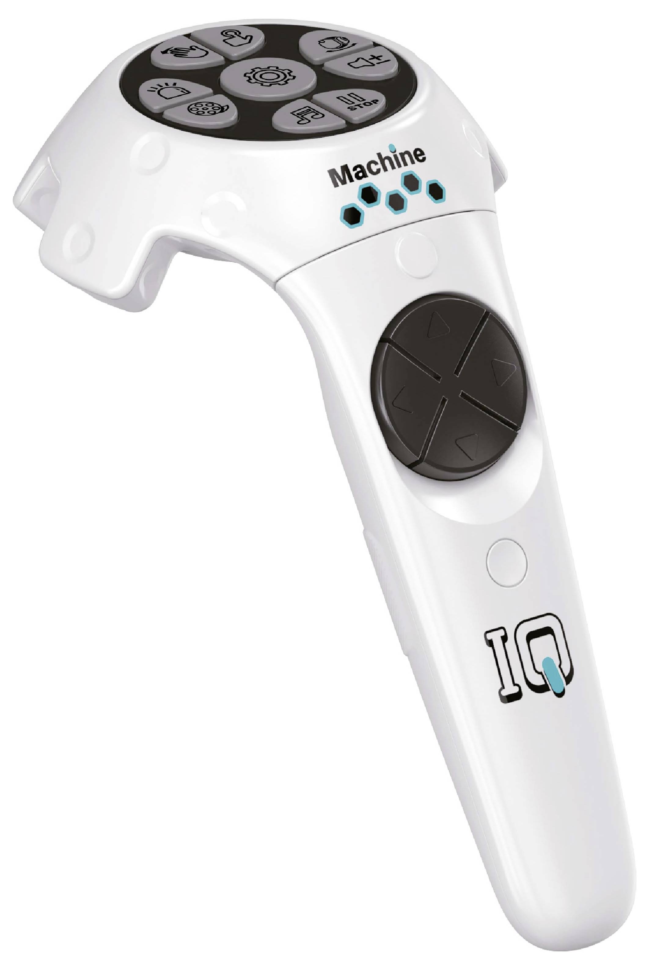 Ruční masážní přístroj 'IQ' s několika tlačítky a nastavením pro různé masážní módy. Prohnutý design, na horní straně označený nápisem 'Machine'.