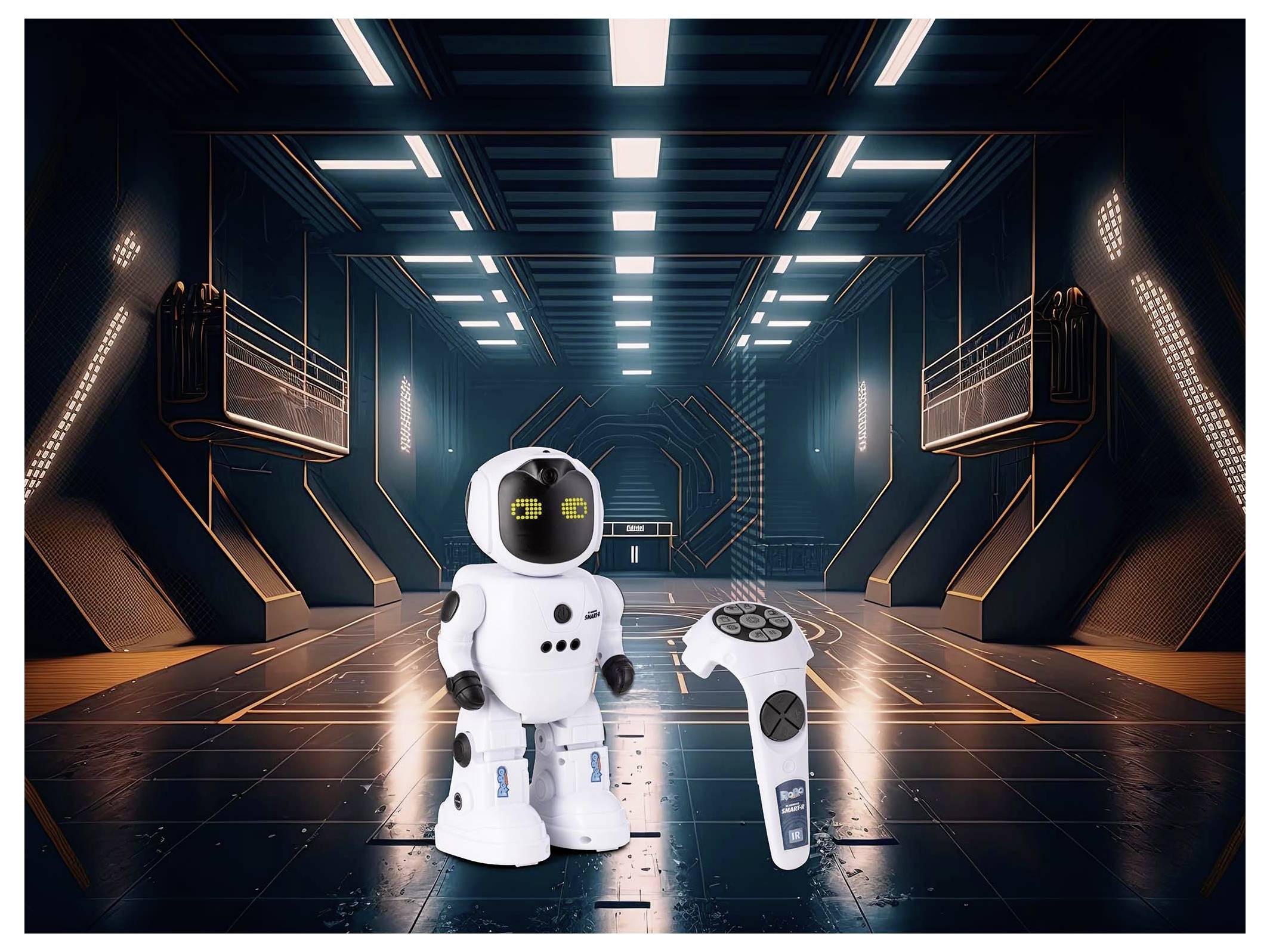 Malý bílý robot s ovladačem stojí v popředí futuristické, tlumeně osvětlené místnosti s zářícími světly a kovovými stěnami.