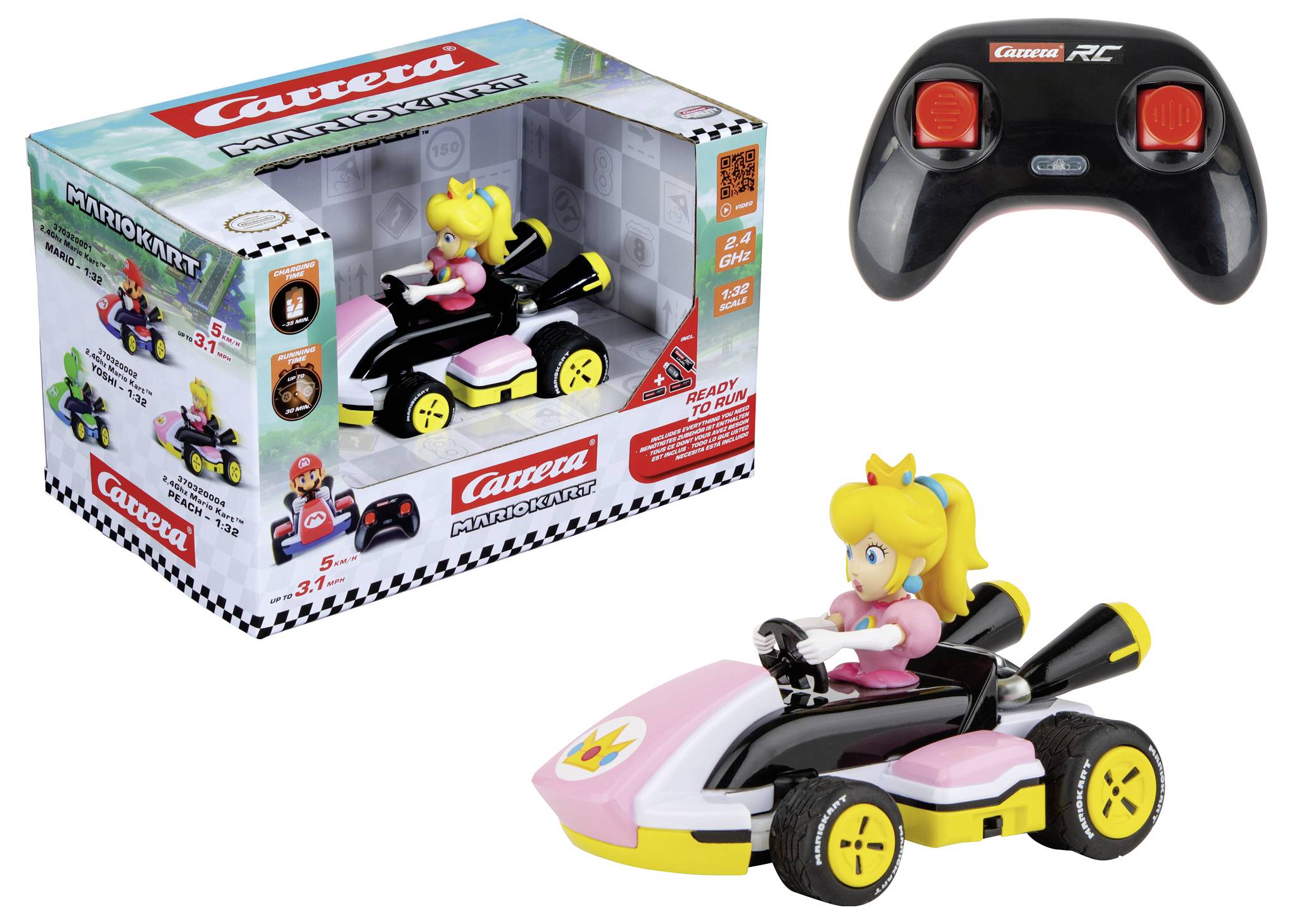 'RC hračka autíčko s postavou princezny Peach v růžovo-černé kártě, vybavené dálkovým ovládáním. Balení zobrazuje značku Mario Kart s obrázkem Peach.'