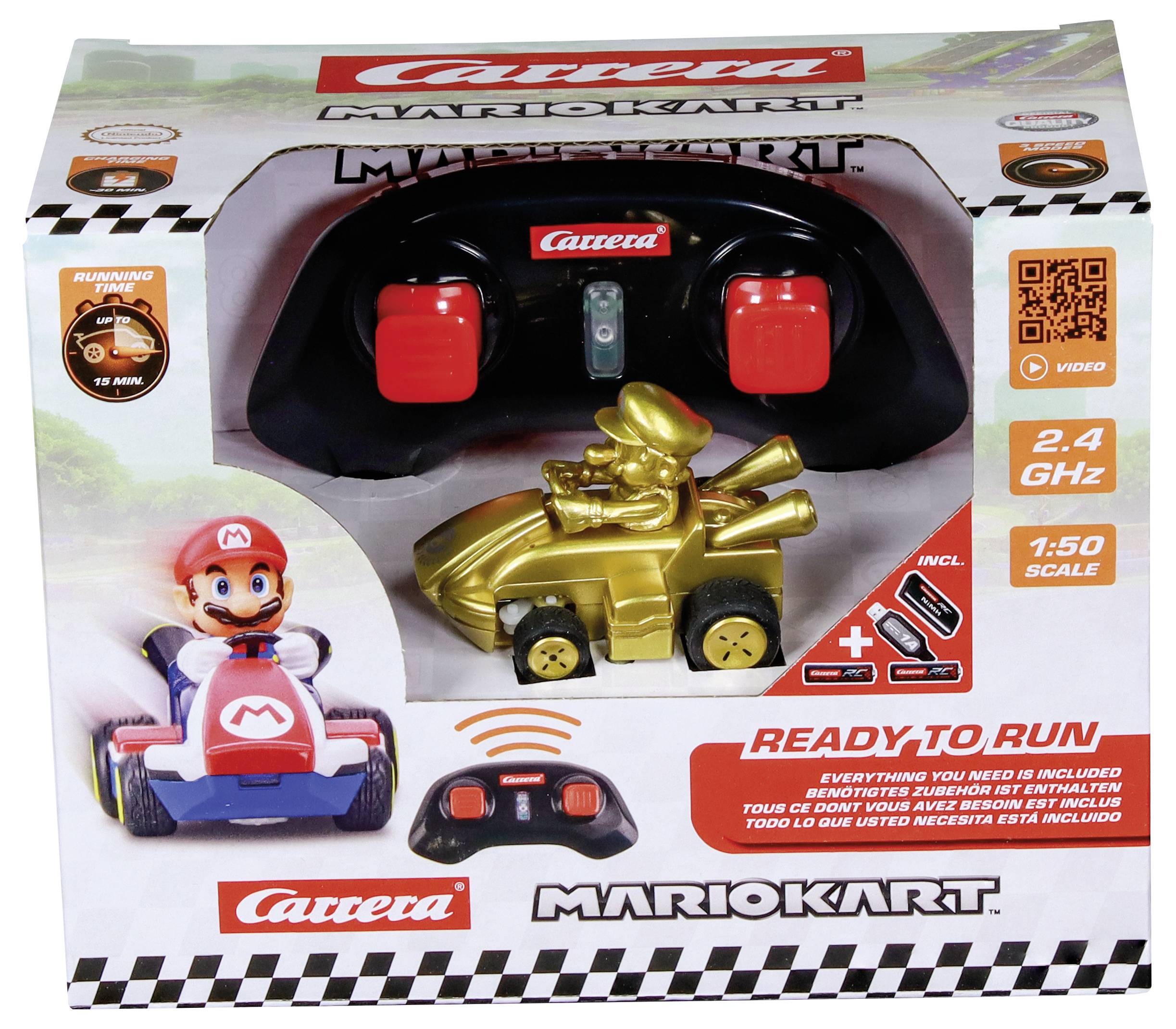 Obrázek zabaleného hračkářského setu Carrera Mario Kart zobrazující zlatého Maria v motokáře, s dálkovým ovládáním 2,4 GHz a textem "Připraveno k jízdě".