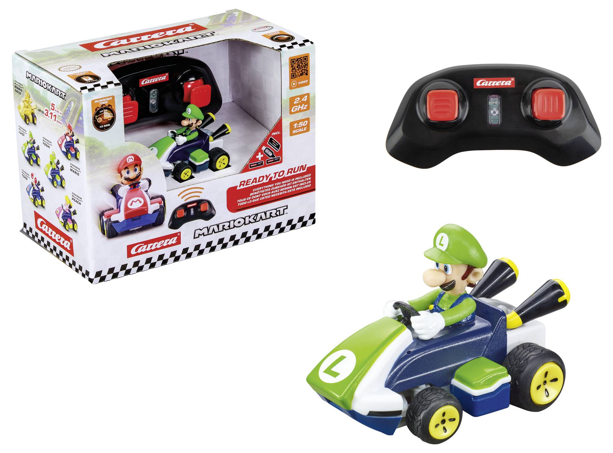 Herní sada Carrera RC Mario Kart obsahuje autíčko ve tvaru Luigiho a dálkový ovladač v originálním balení, která je navržena pro děti.