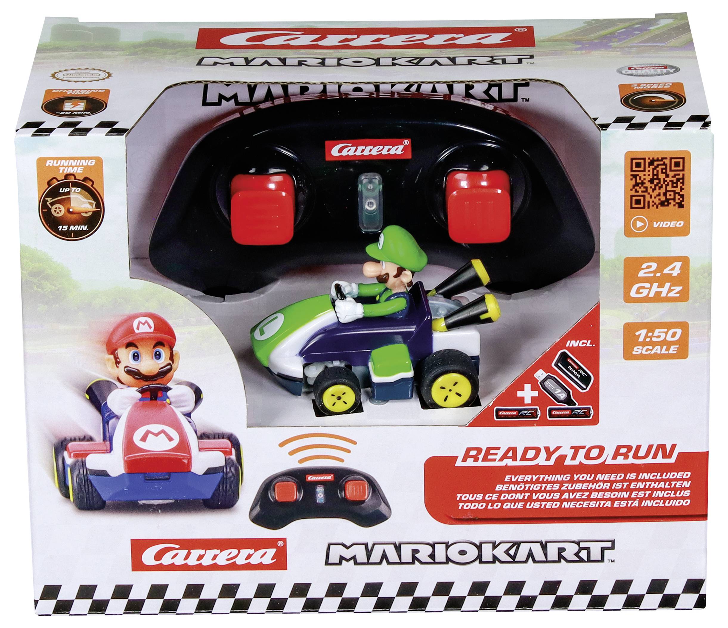 'Sada hraček Mario Kart s Luigim jako jezdcem, dálkovým ovládáním, 2,4 GHz, v měřítku 1:50. Krabice zobrazuje obrázky Maria a Luigiho a detaily hračky.'
