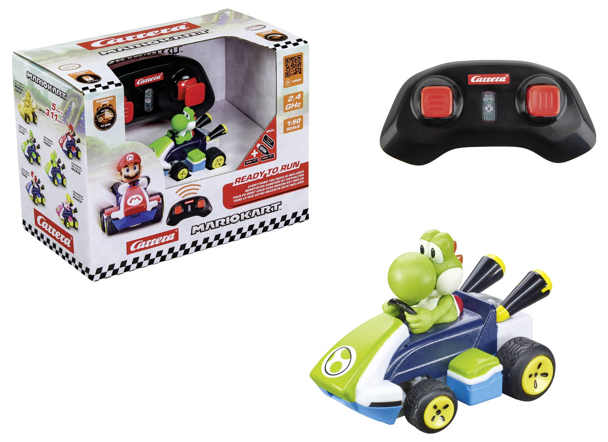 Hračkářská krabice s hračkou vozidla ze série 'Mario Kart' a dálkovým ovladačem, s malou figurkou sedící nahoře na barevném voze.
