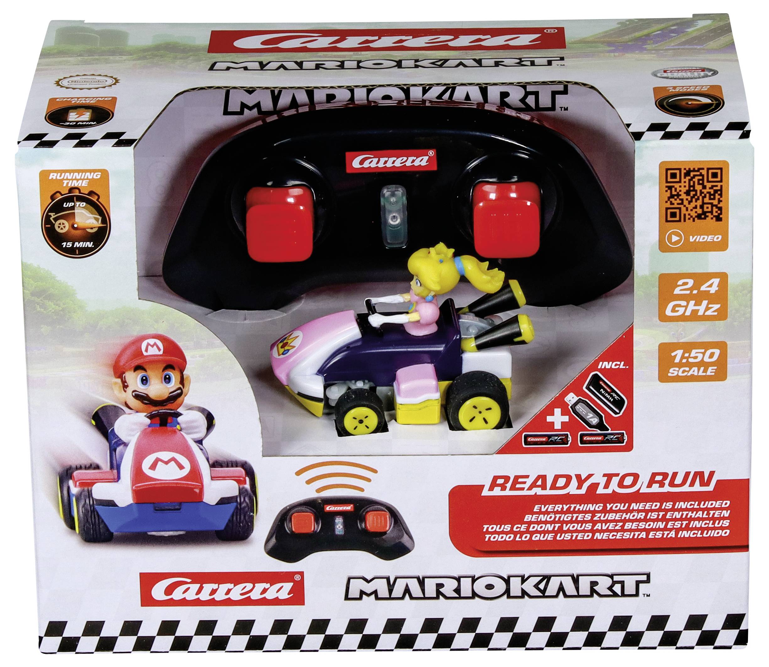 Hračka Mario Kart s modelem Princess Peach v měřítku 1:50 včetně závodního vozu a dálkového ovládání. Obsahuje text "Připraveno k jízdě".