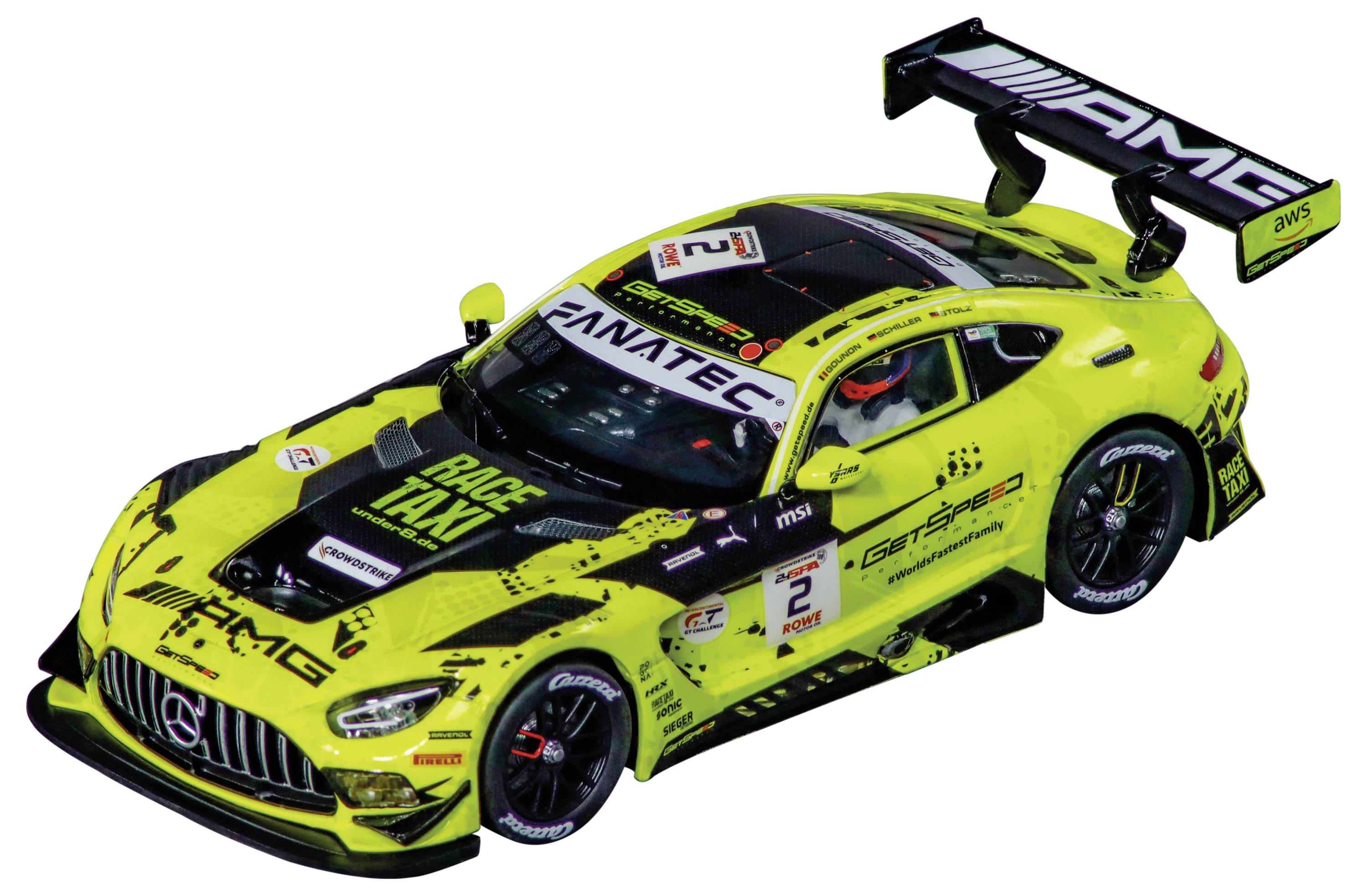 Jasně žlutý a černý závodní vůz s nápisy 'AMG' a 'Race Taxi' na kapotě, s různými firemními logy, velkým zadním křídlem a číslem '2' na boku.