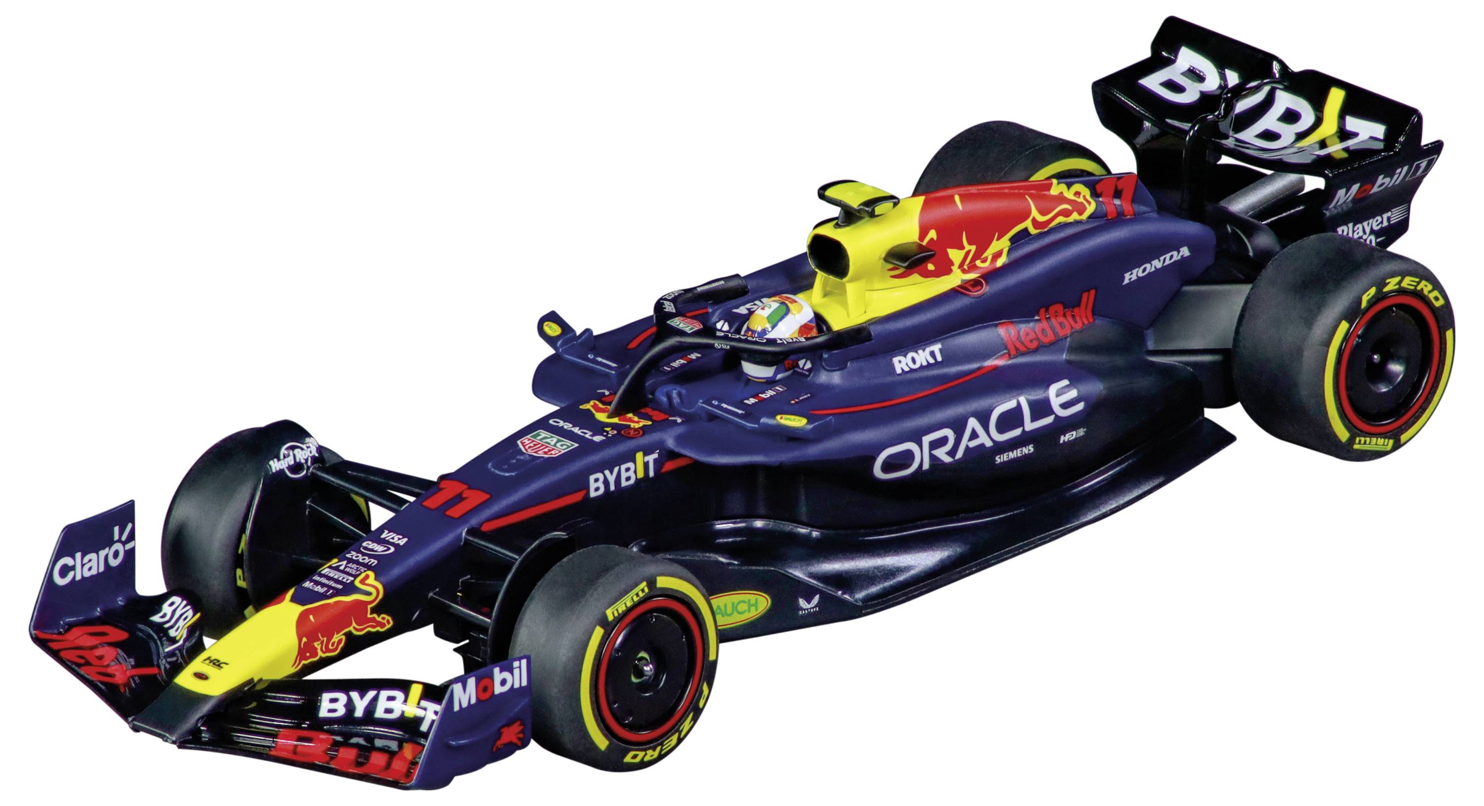 Vůz Formule 1 s nápadnými logy a branding designem, navržený pro vysoce výkonné jízdy na okruhu.