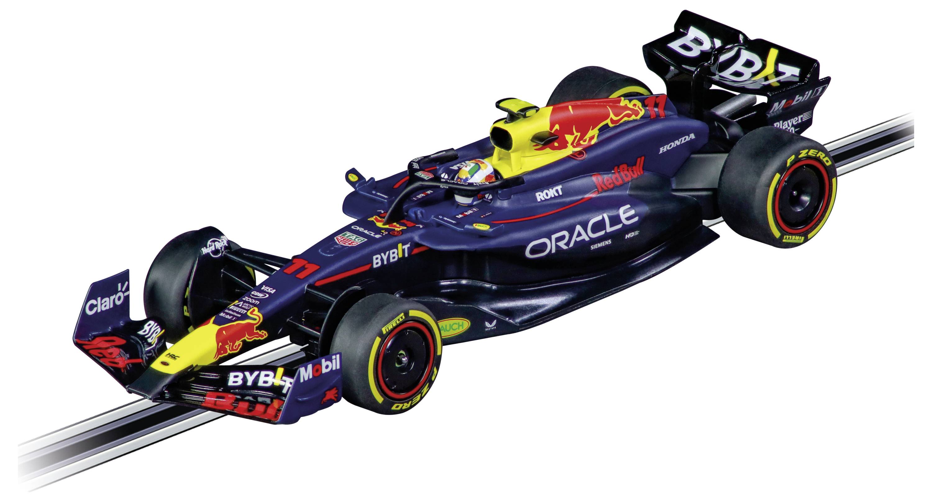 Elegantní tmavě modrý formulový vůz se sytými reklamními logy, s aerodynamickými prvky a detailně zpracovaným prostorem pro řidiče.
