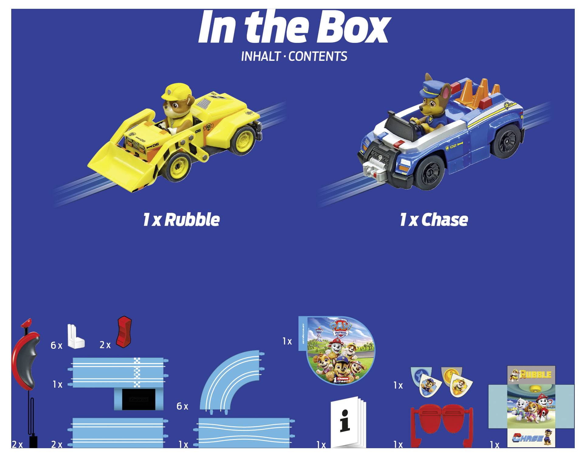 V balení 'In the Box' je obsaženo 1 vozidlo Rubble a 1 vozidlo Chase, různé díly tratě, brána, samolepky a uživatelský manuál pro montáž.
