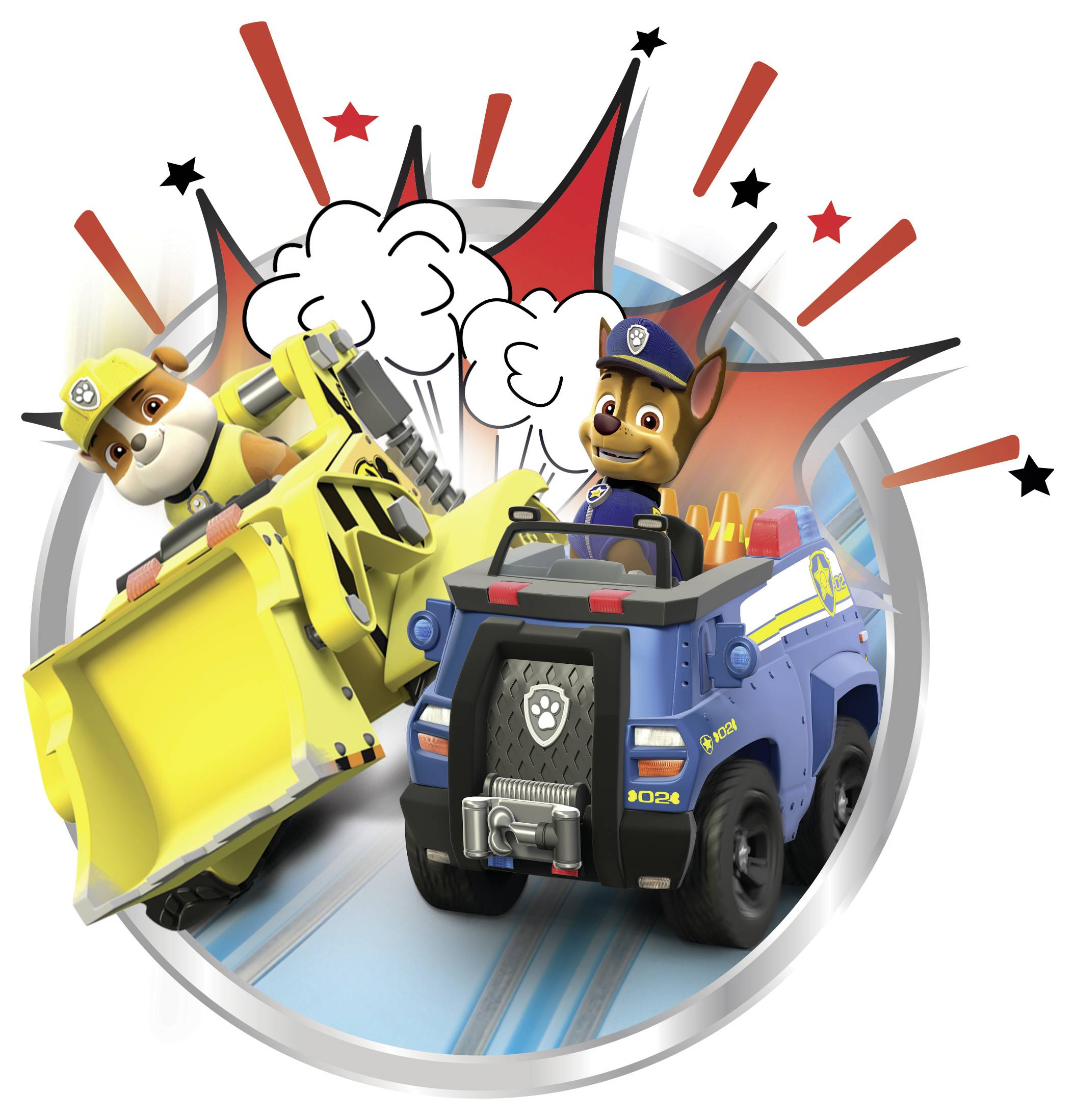 Animovaní psi v konstrukčních a policejních vozidlech dynamicky závodí s komiksovými efekty a hvězdami v pozadí.