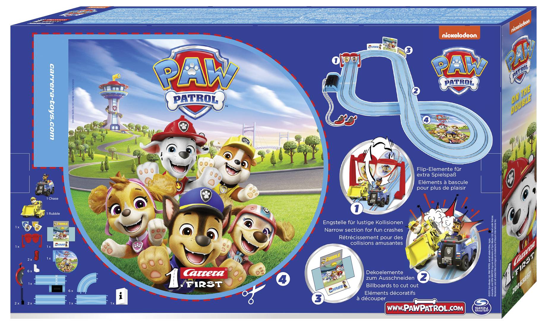 Box na hračky 'Paw Patrol' s animovanými postavami a sadou závodní dráhy. Obsahuje obrázky hlavních postav v akci a vlastnosti produktu.